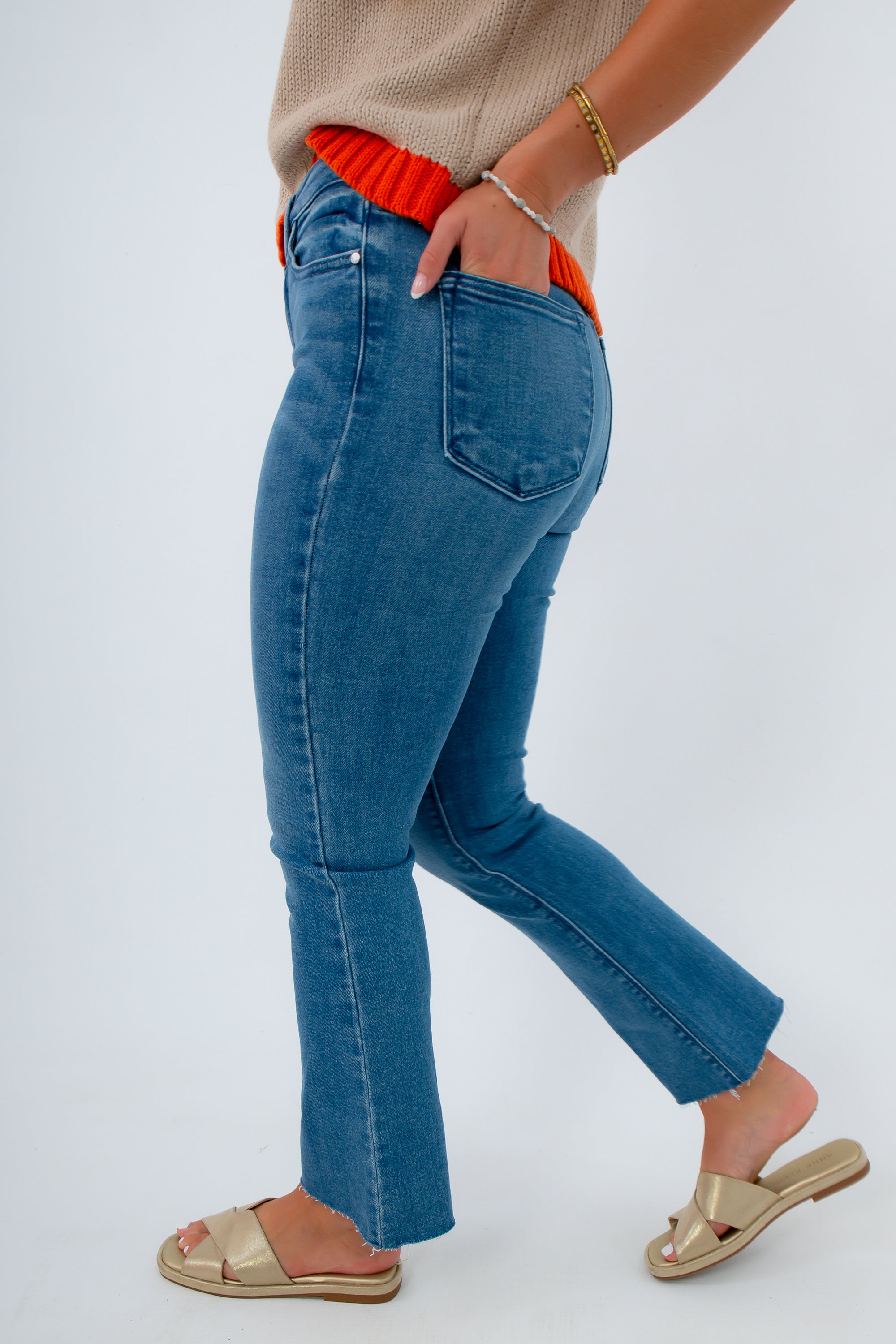 Best high rise crop flare jeans for boots, all denim, medium wash denim