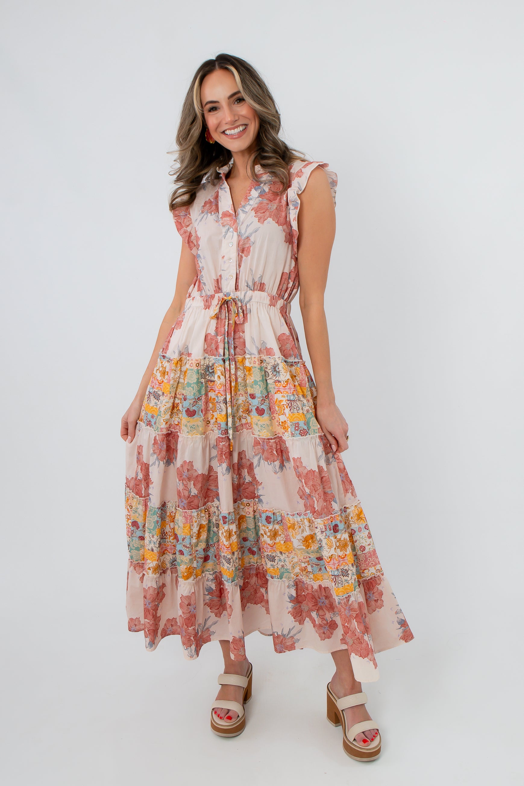 Back view of Peach Patchwork Floral Maxi Dress showing ruffle details
