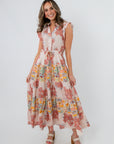 Back view of Peach Patchwork Floral Maxi Dress showing ruffle details