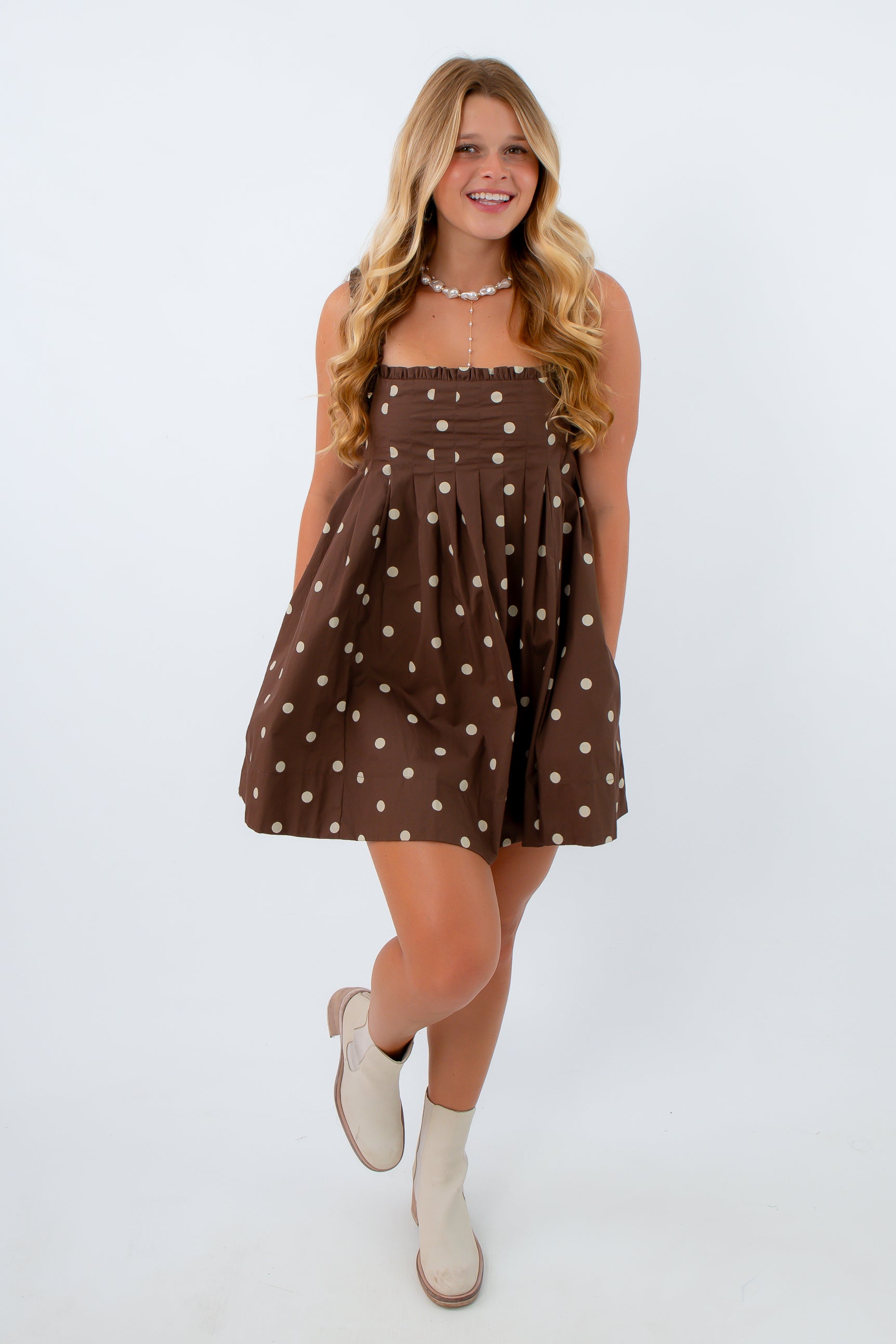 Brown dress with built in shelf bra, brown and cream polka dot dress, brown mini dress