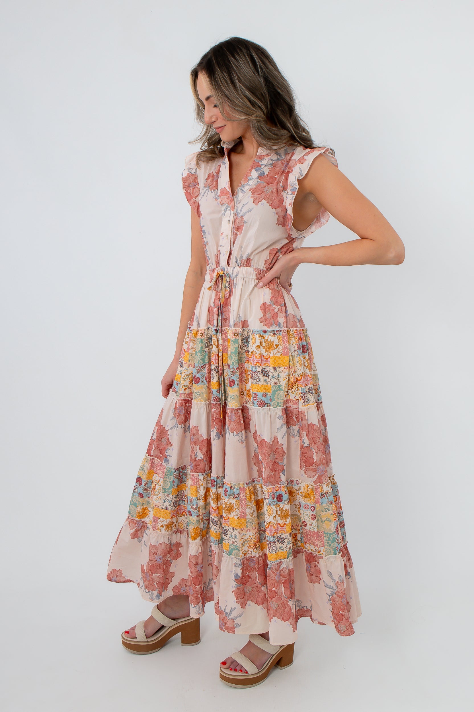 Peach Patchwork Floral Maxi Dress