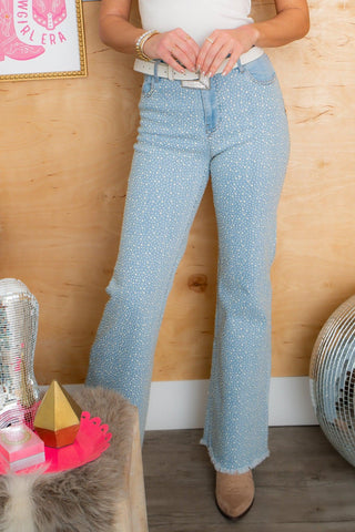 Don't Need Much Pearl Studded Denim Flare-Bottoms-Blue B-L. Mae Boutique & Wild Mabel Clothing