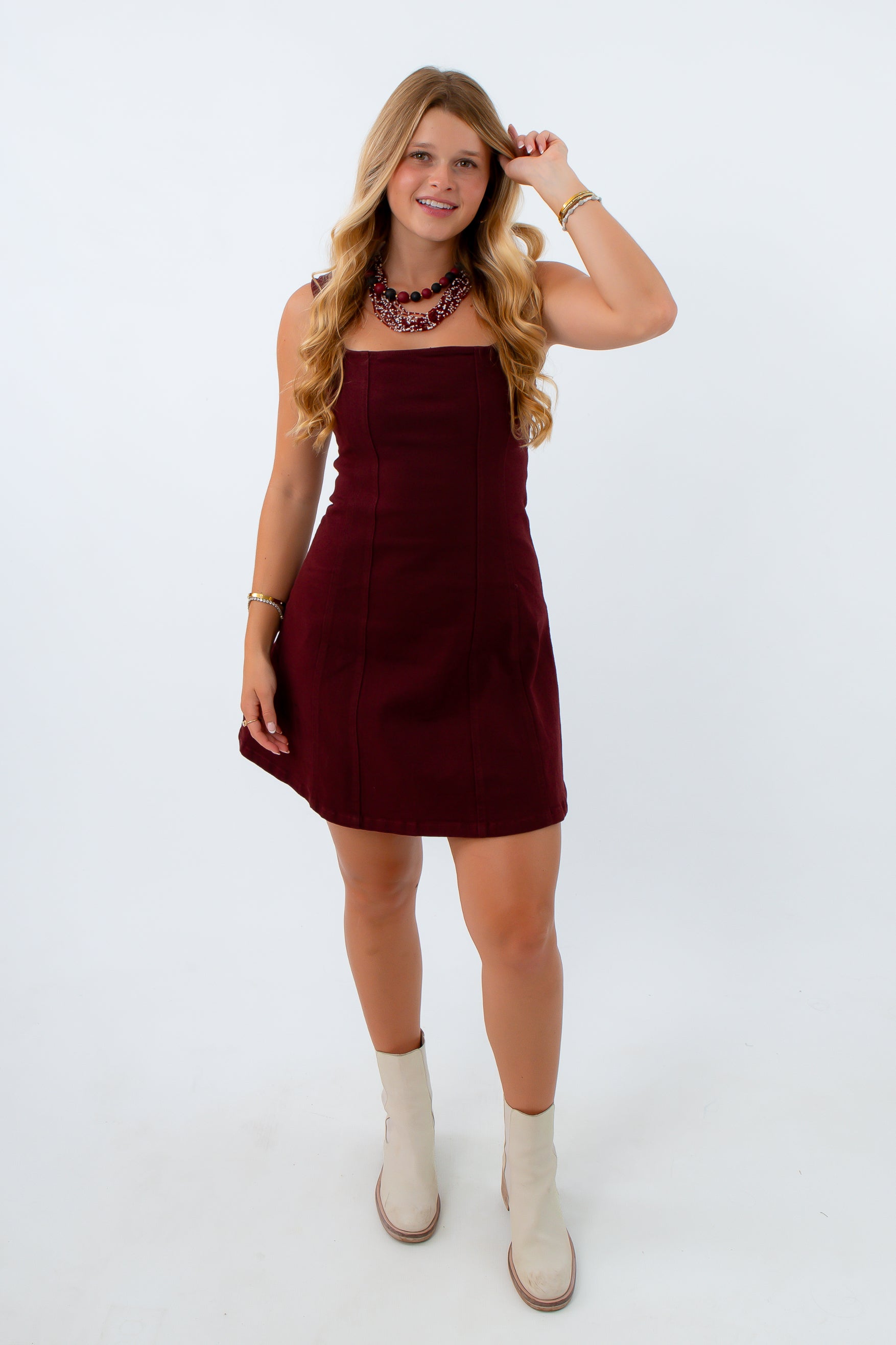 Sleeveless dark burgundy denim mini dress, burgundy denim dress, denim mini dress, fall mini dress, fall denim dress