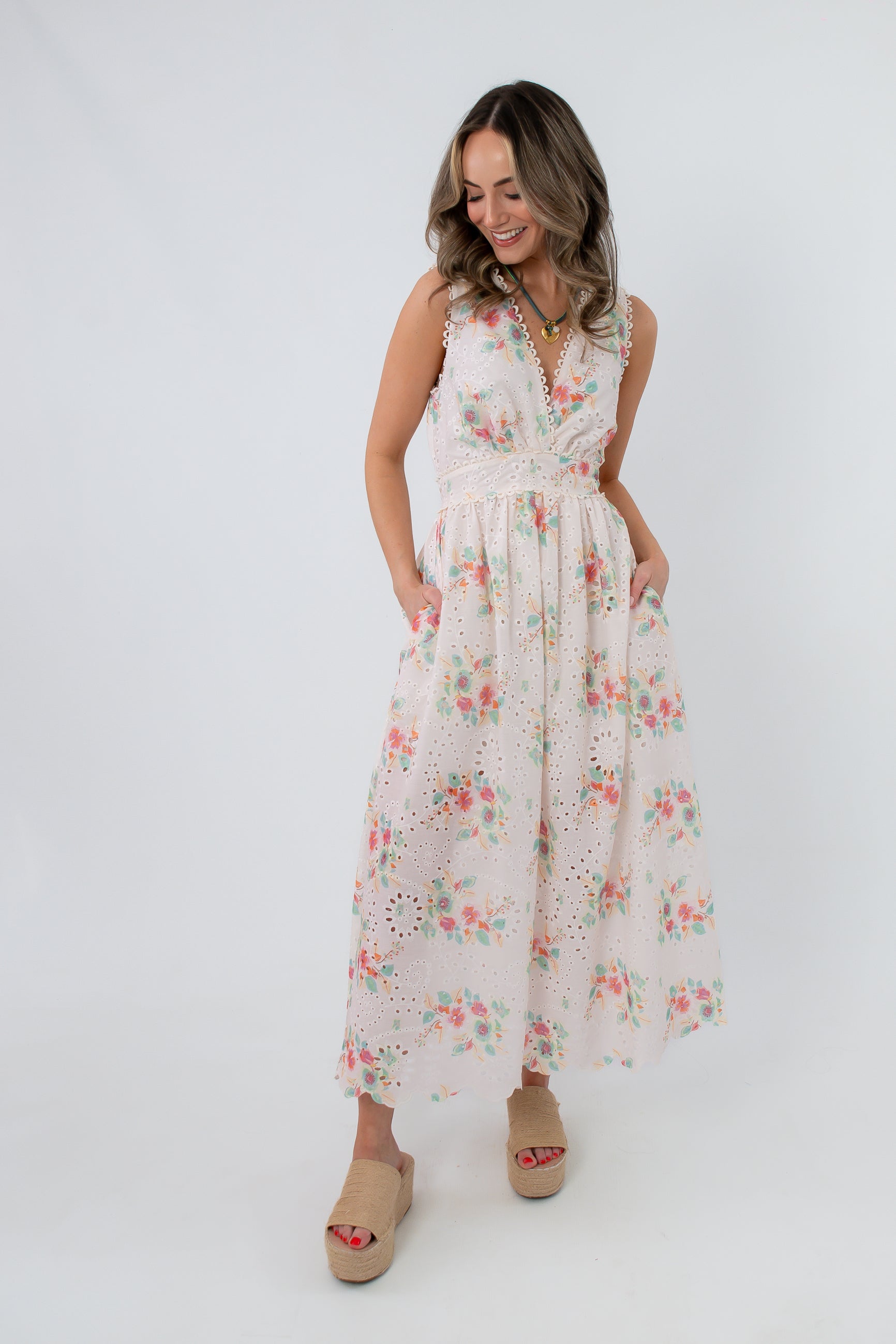 Spring Soirée White Floral Midi Dress