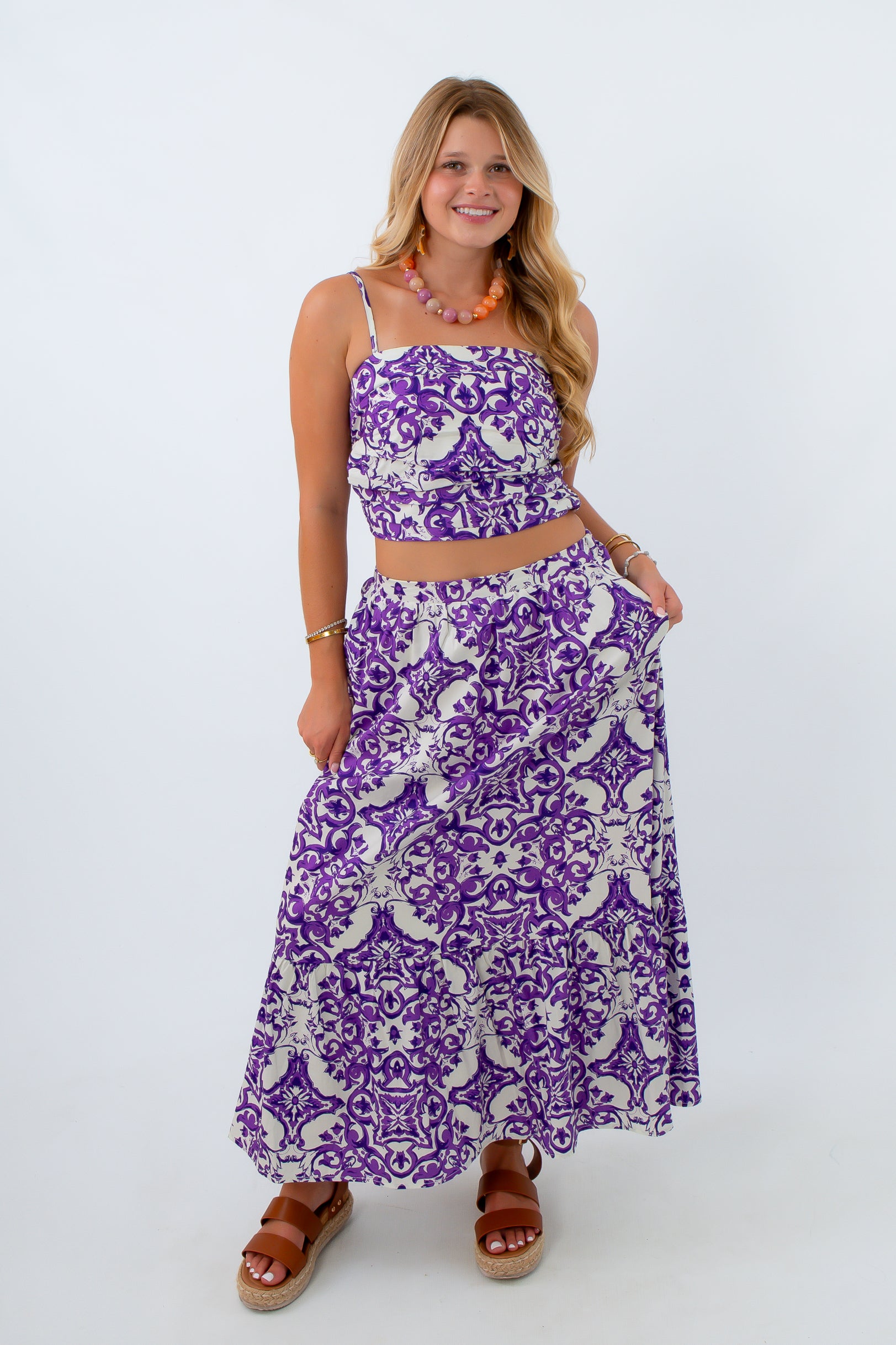Pep Rally Purple Patterned Midi Skirt
