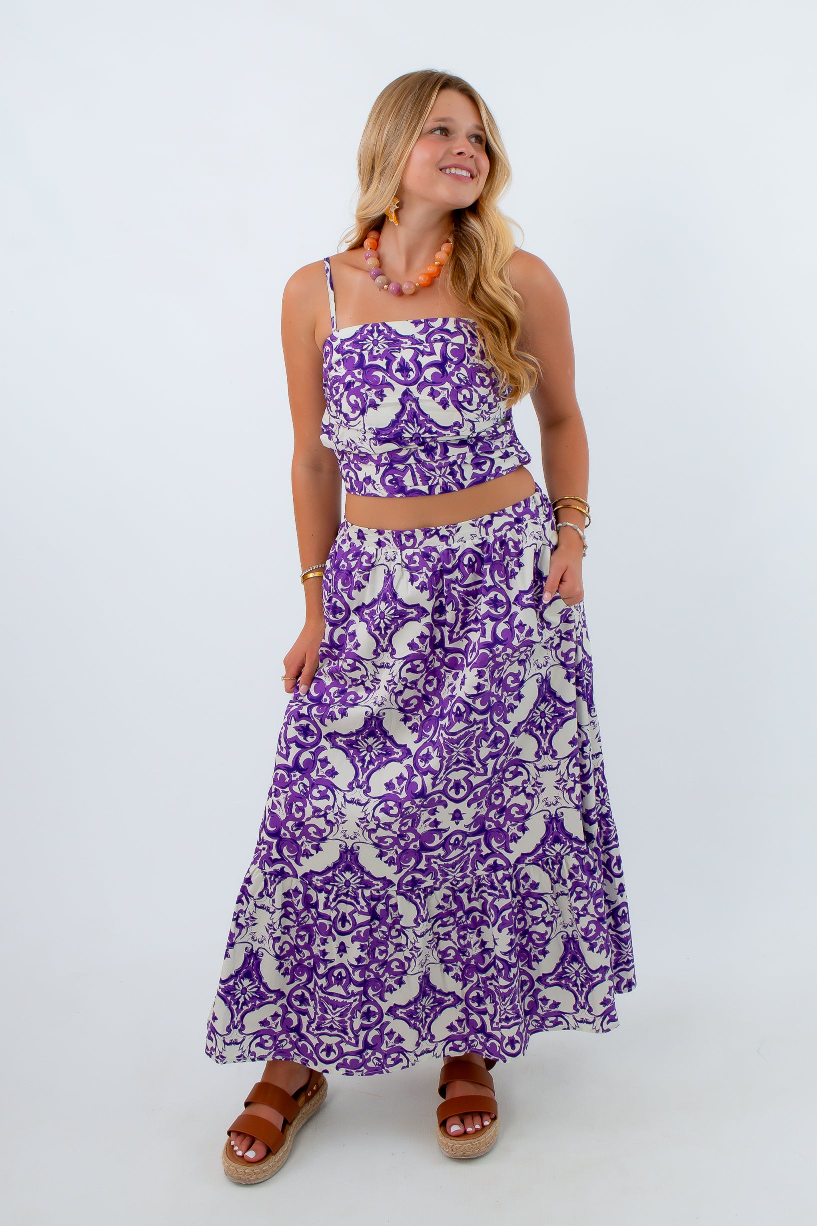 Clemson purple patterned midi skirt, LSU purple patterned midi skirt, purple matching skirt set