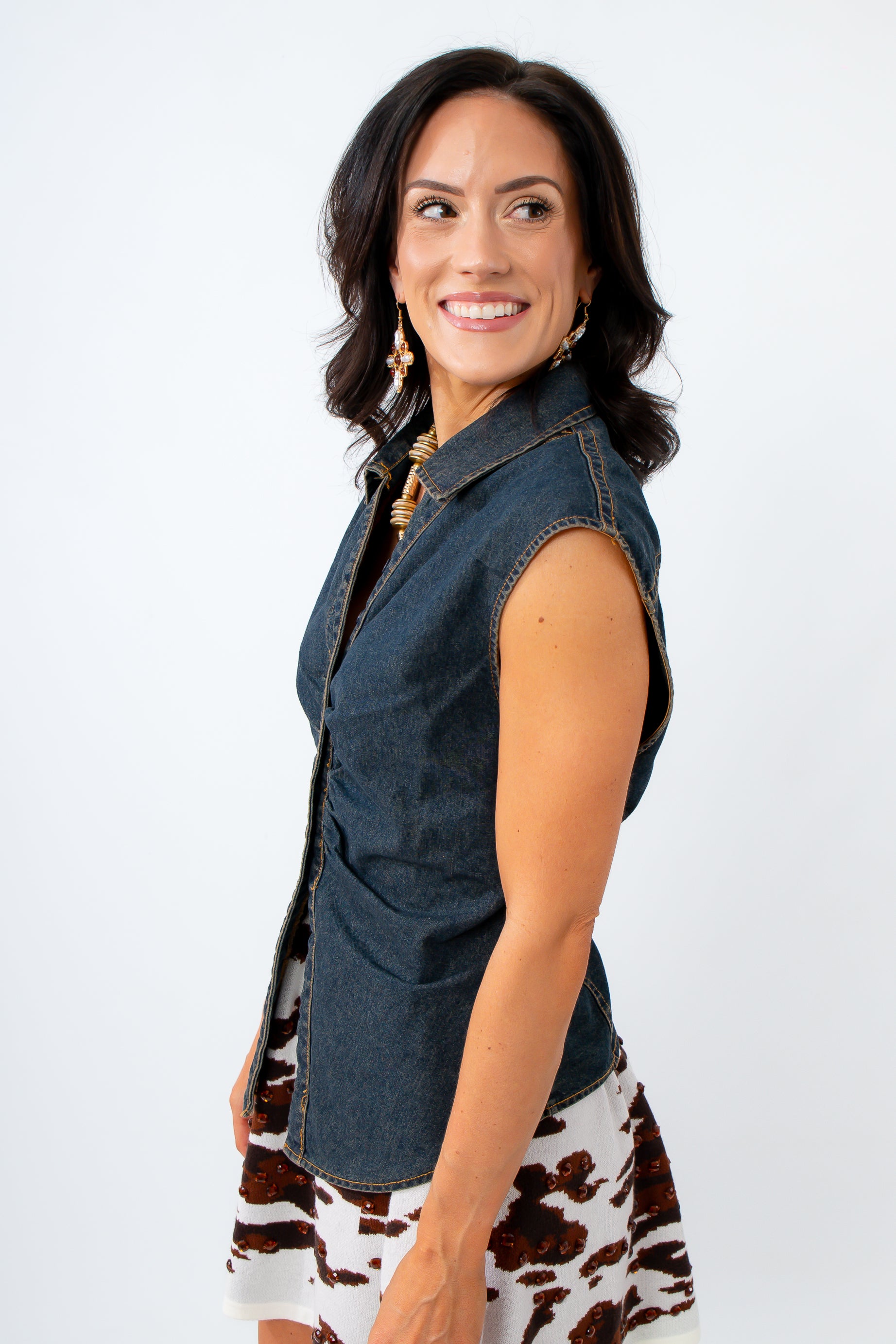 Veronica Dark Blue Denim Ruched Top