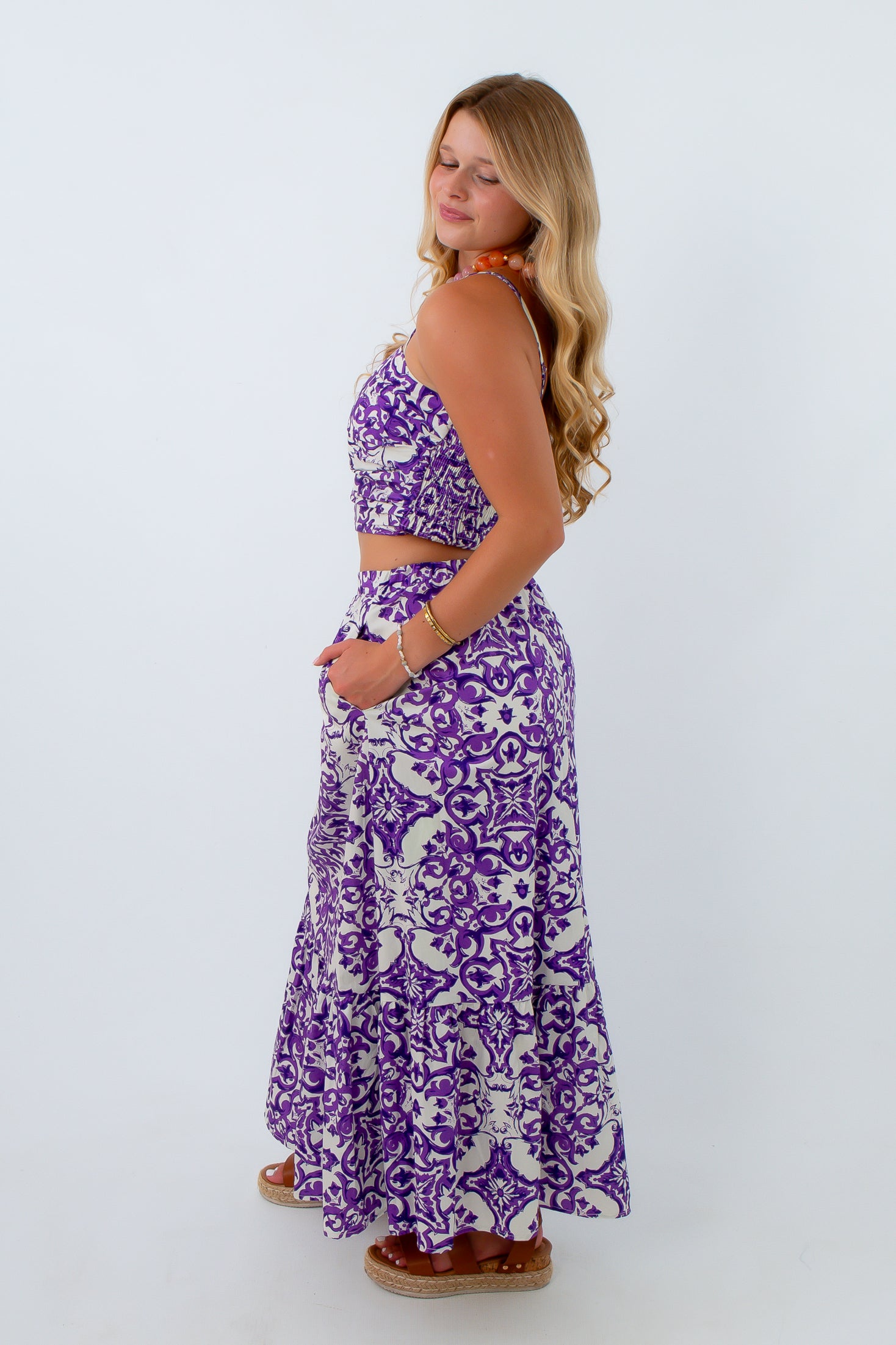 Clemson purple patterned gameday top paired with matching patterned midi skirt, purple matching set, purple skirt set, purple and white matching set