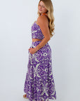 Clemson purple patterned gameday top paired with matching patterned midi skirt, purple matching set, purple skirt set, purple and white matching set