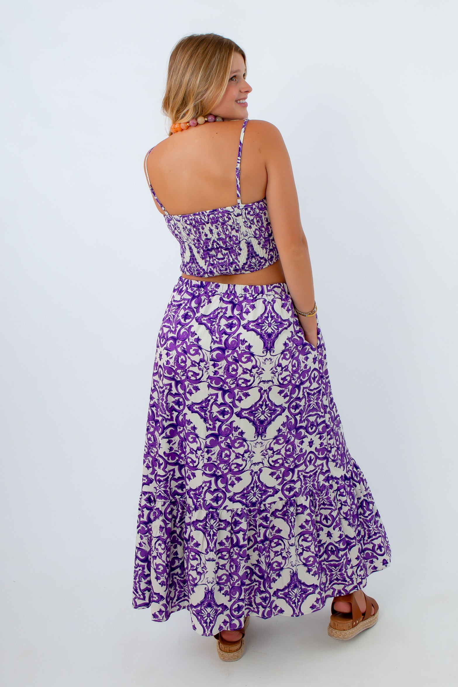 Smocked back crop top, crop top with adjustable straps, purple and white crop top