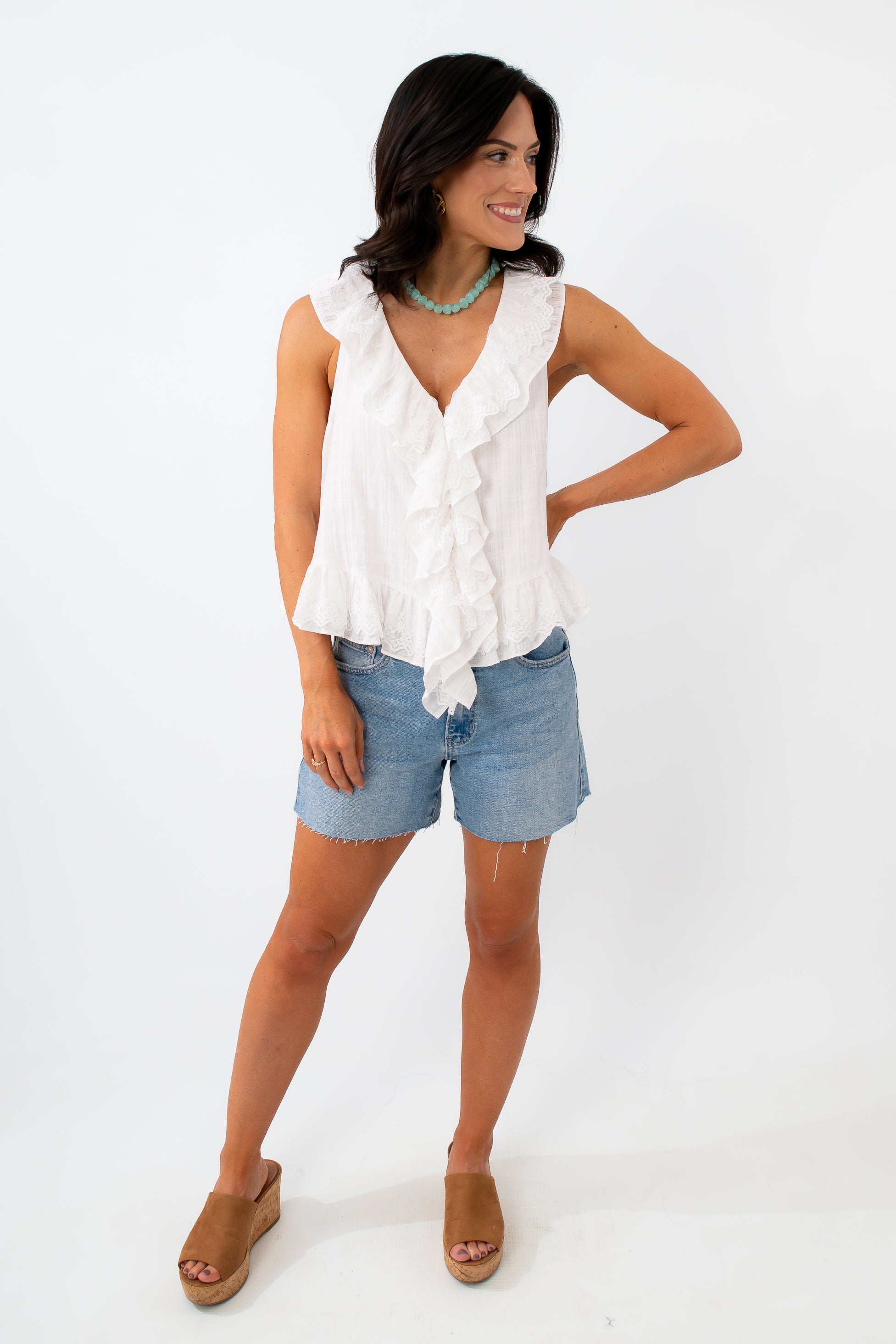 cascading ruffle blouse for summer in fresh ivory