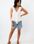 cascading ruffle blouse for summer in fresh ivory