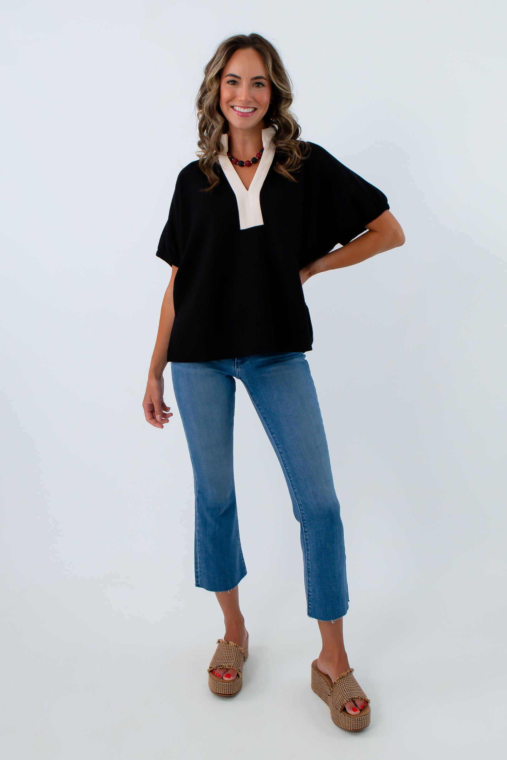 Black top with cream contrast collar, Black blouse with cream collar, black workwear, black tops for work