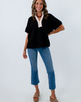 Black top with cream contrast collar, Black blouse with cream collar, black workwear, black tops for work