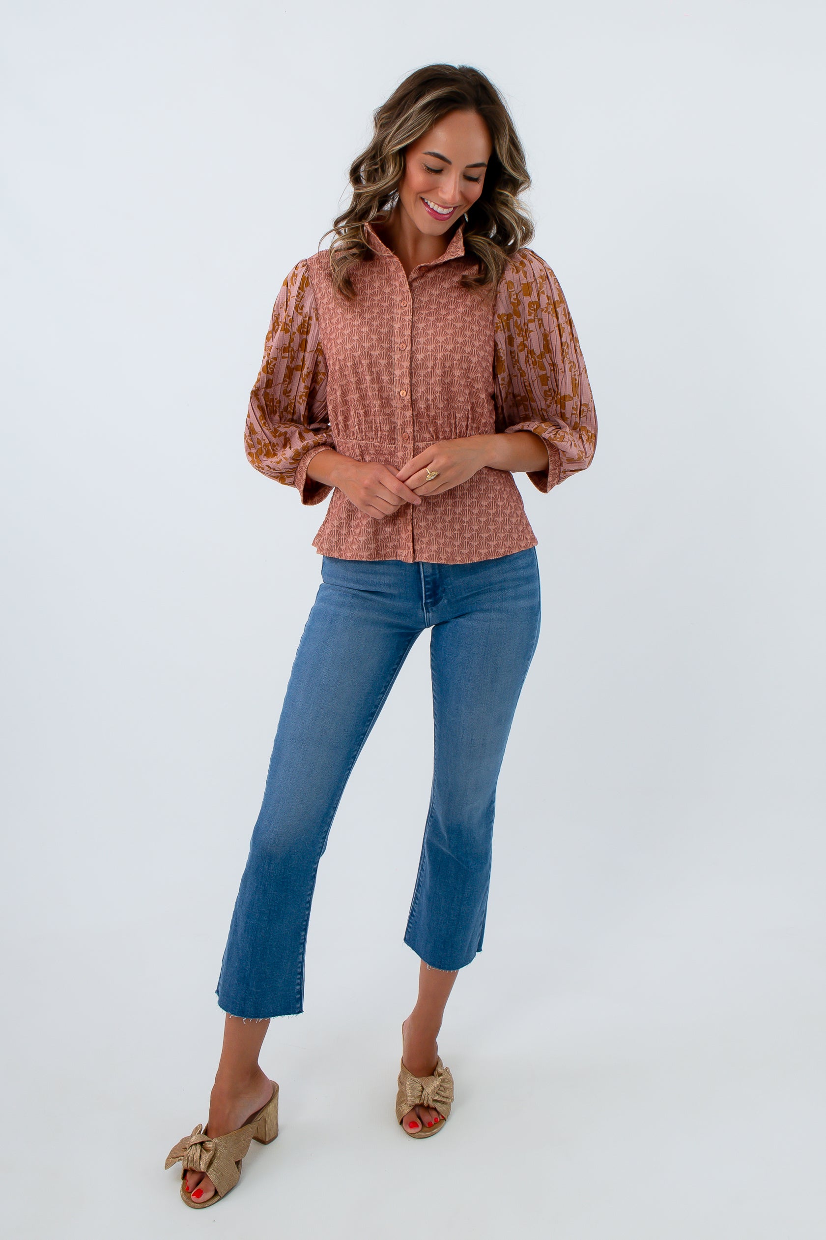Elegant 3 quarter sleeve peplum blouse for office, fall workwear, floral long sleeve blouse for work
