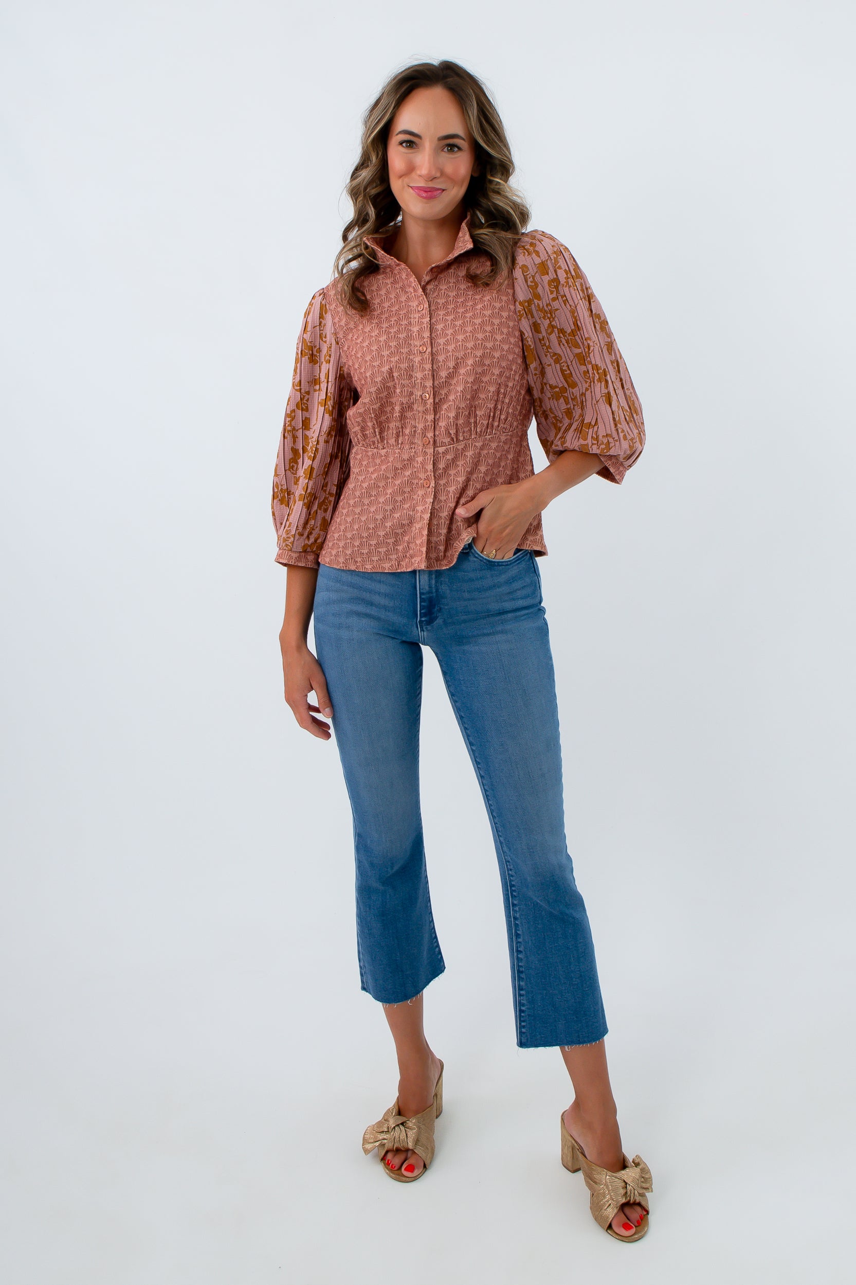 Tawny Mocha Button Front Peplum Blouse for fall workwear, long sleeve button front blouse, long sleeve top for work