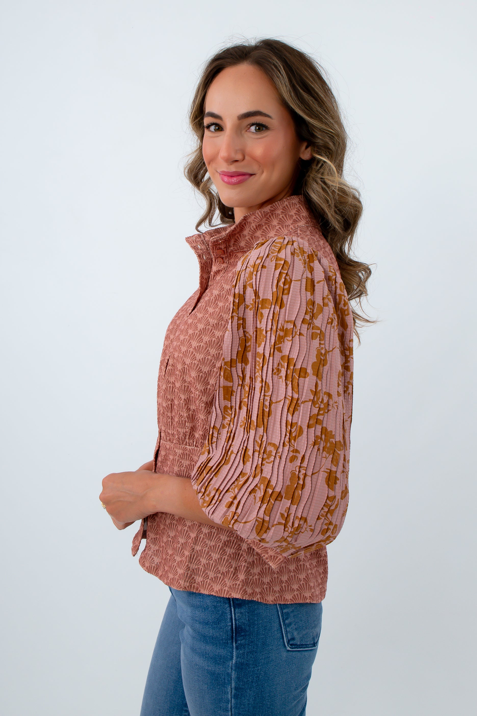 Light pink and tan mixed fabric button front blouse, floral long sleeve blouse, fall long sleeve top, pink and tan blouse