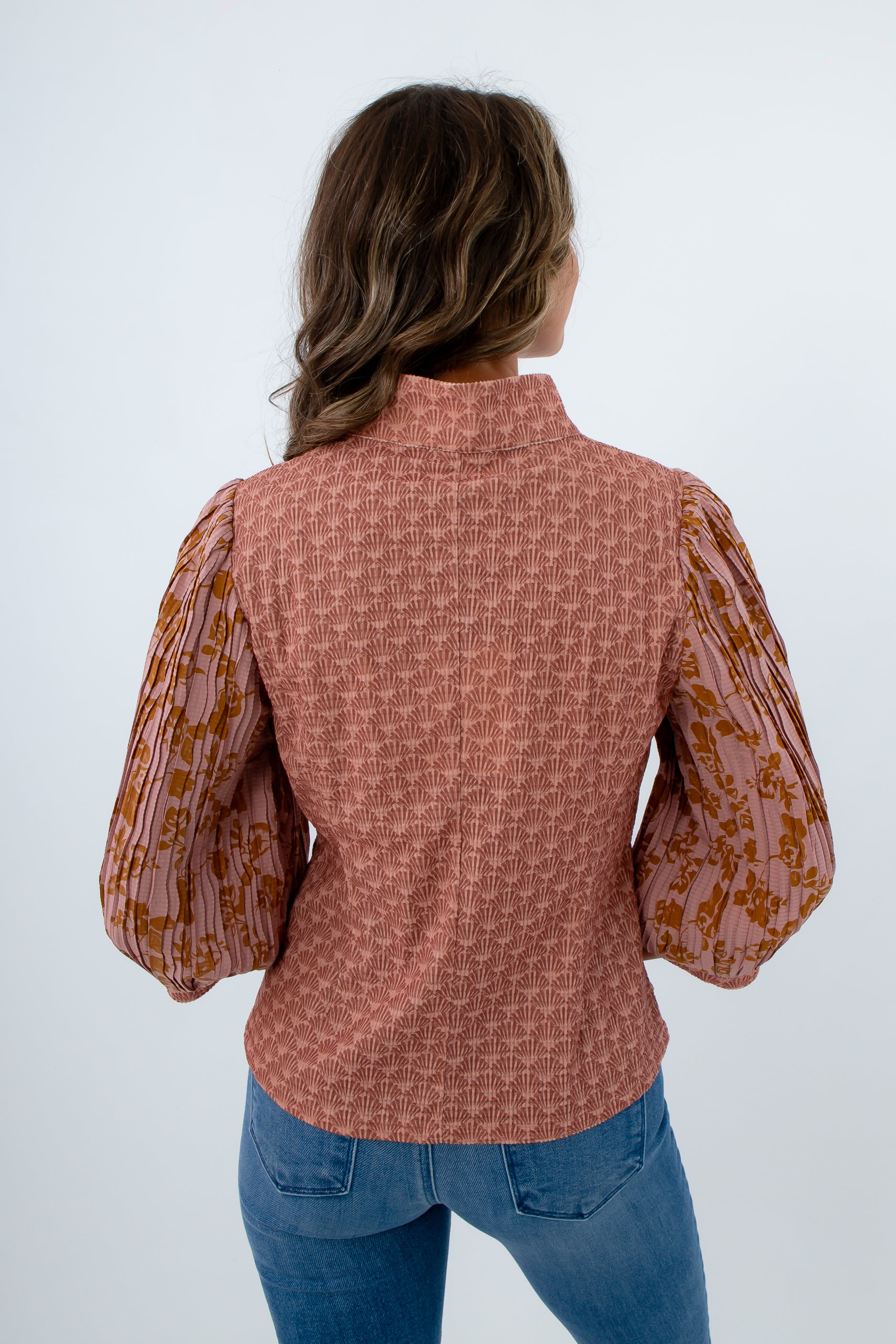 Stylish fall blouses with mixed pattern design, pink and tan blouse for fall, 3-quarter sleeve blouse with buttons