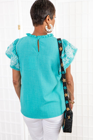 THML Aqua Embroidered Sleeve Top-THML-L. Mae Boutique
