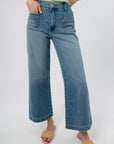 High-rise patch pocket wide leg denim jeans for women