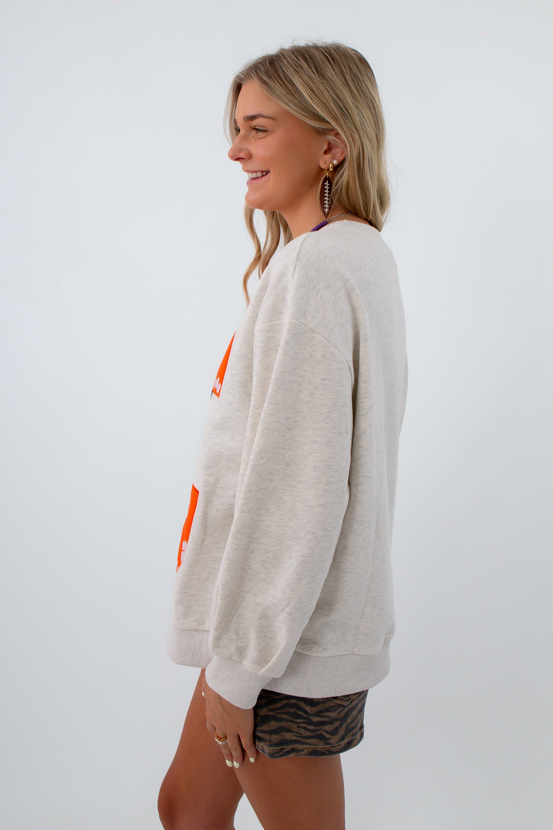 Oversized Clemson mascot letter pullover, grey clemson sweatshirt, oversized clemson sweatshirt, clemson sweatshirt with sequins