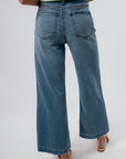 Side view of high-rise wide leg denim jeans for women