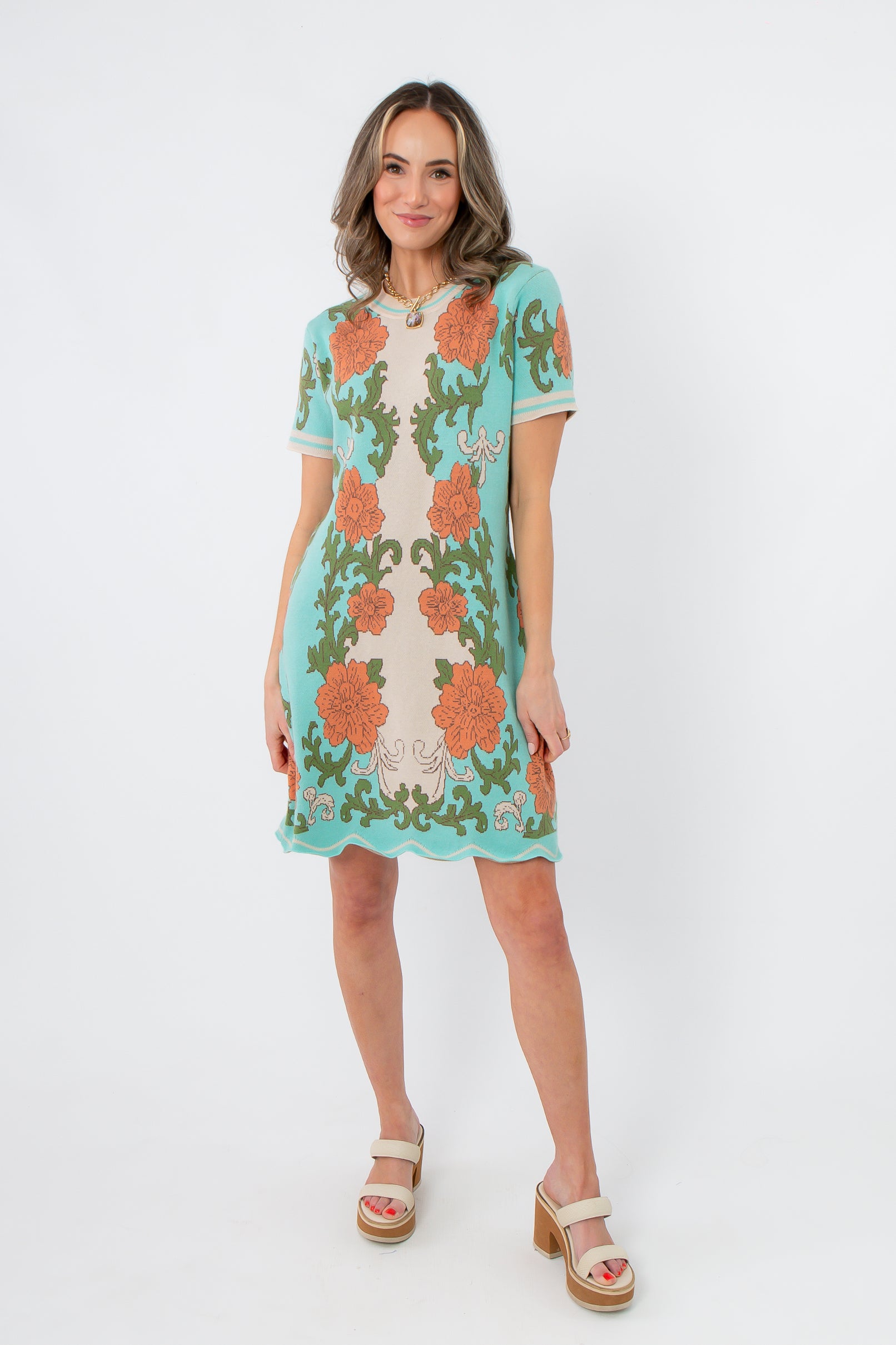 Mint to Be Garden Tapestry Sweater Dress with floral pattern