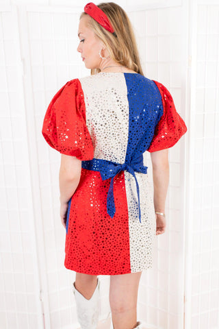 Queen of Sparkles Red, White & Blue Colorblock Puff Sleeve Dress-Queen of Sparkles-L. Mae Boutique
