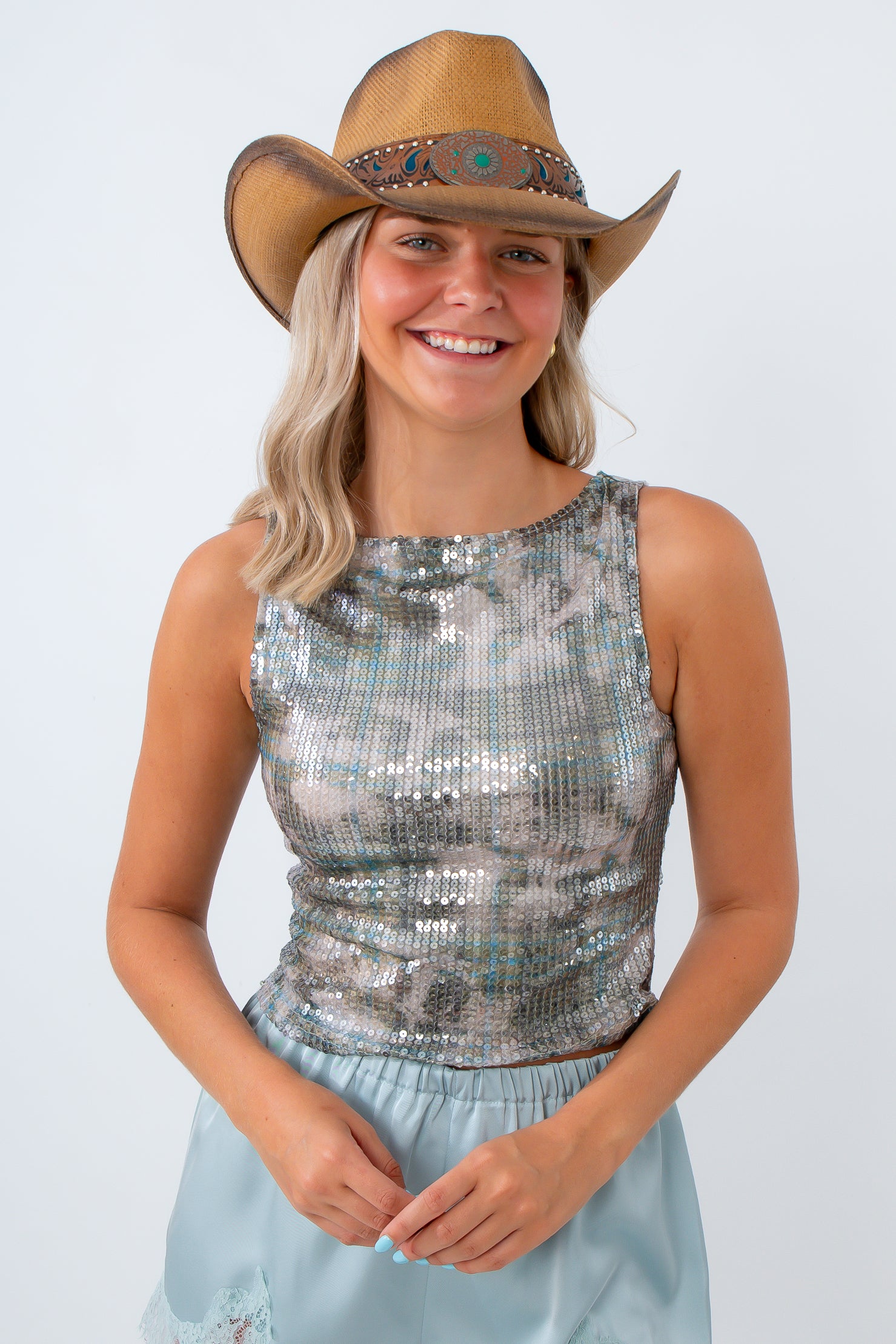 sequin tank top styled for country concert