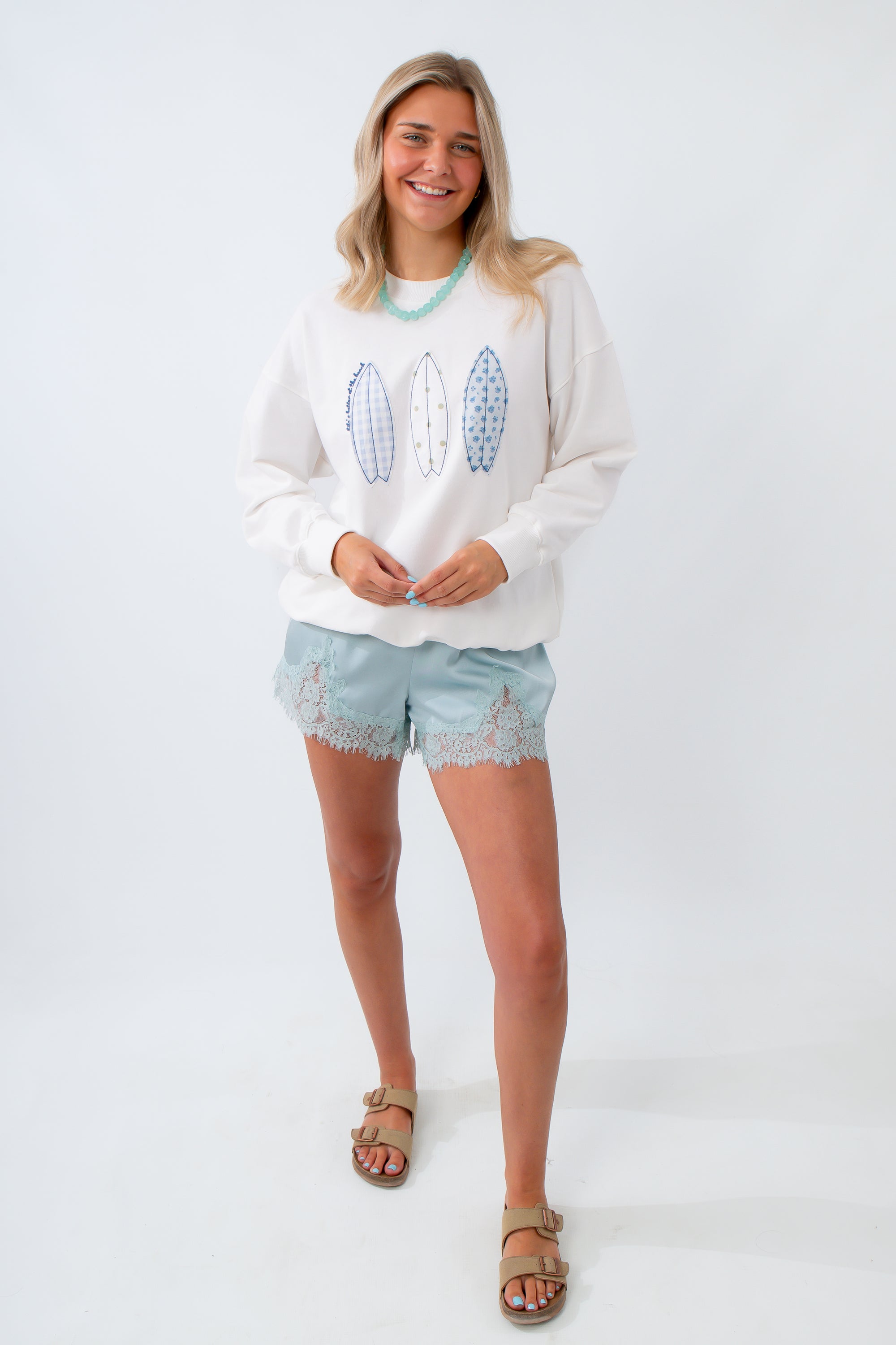 patchwork sweatshirt with surfboards and polkadots 