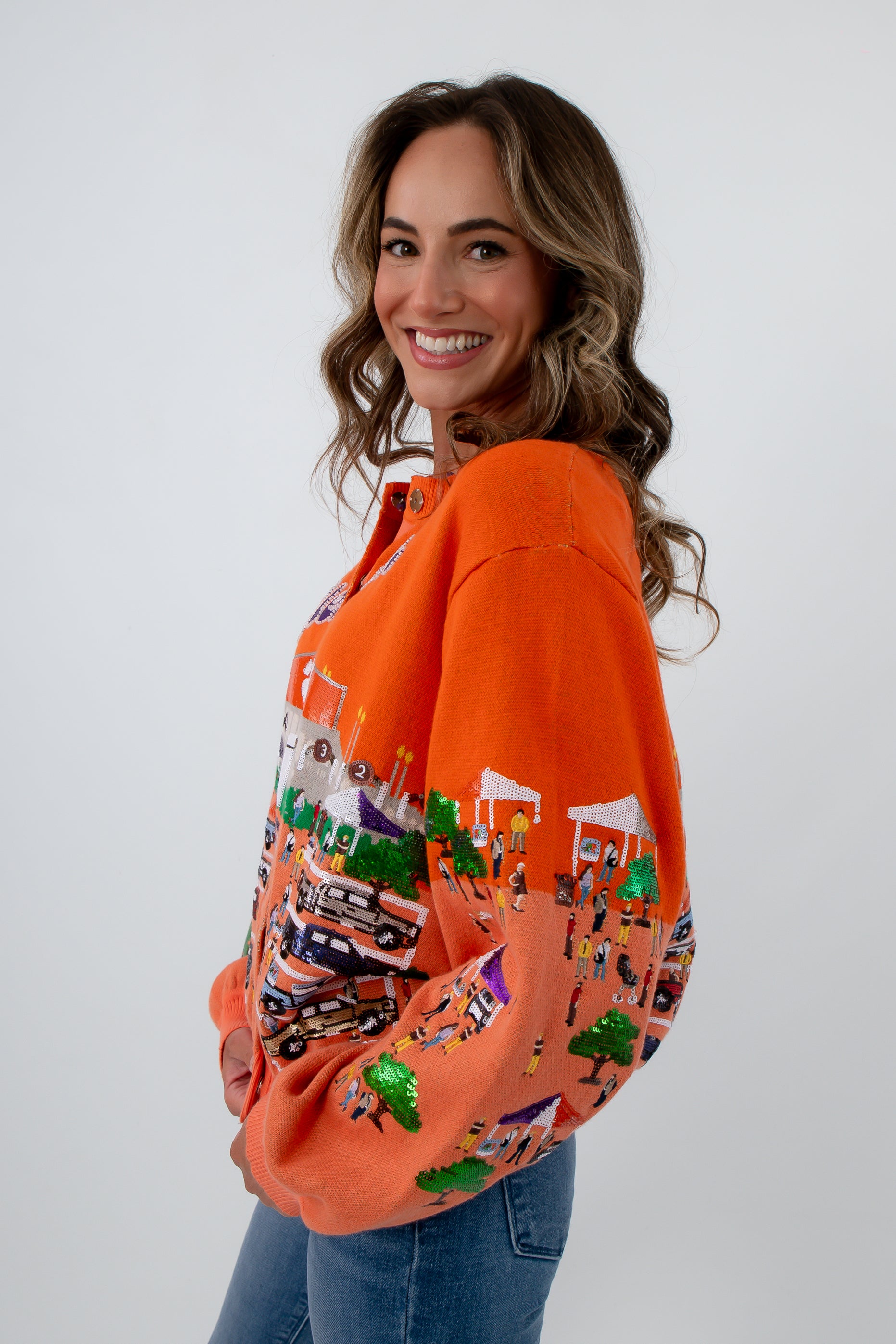 Licensed Clemson Tiger sequin cardigan, orange clemson game day outfit, orange clemson jacket, sequin clemson sweater