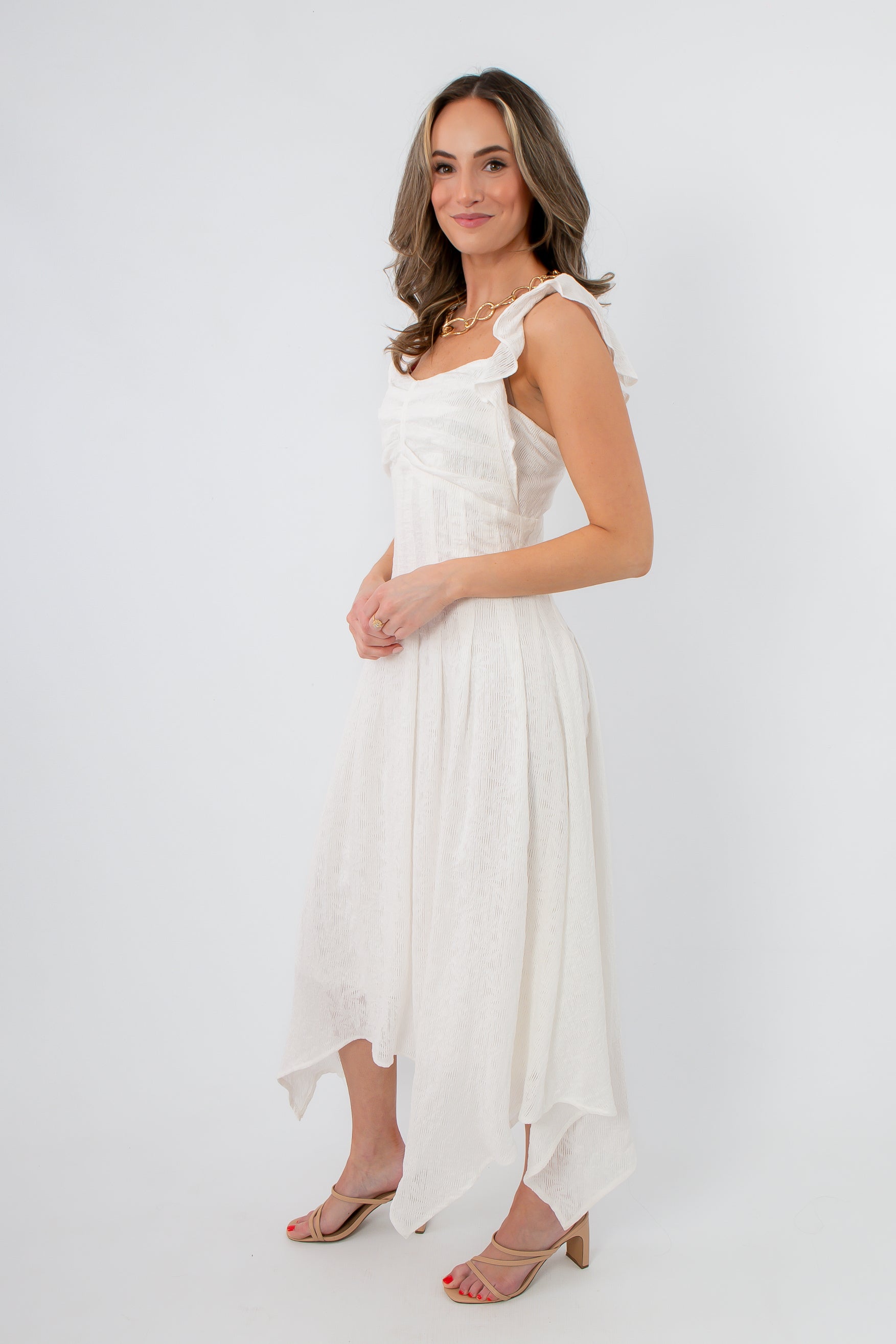 Ever After White Asymmetrical Hem Midi Dress, sleeveless, elegant summer occasion dress