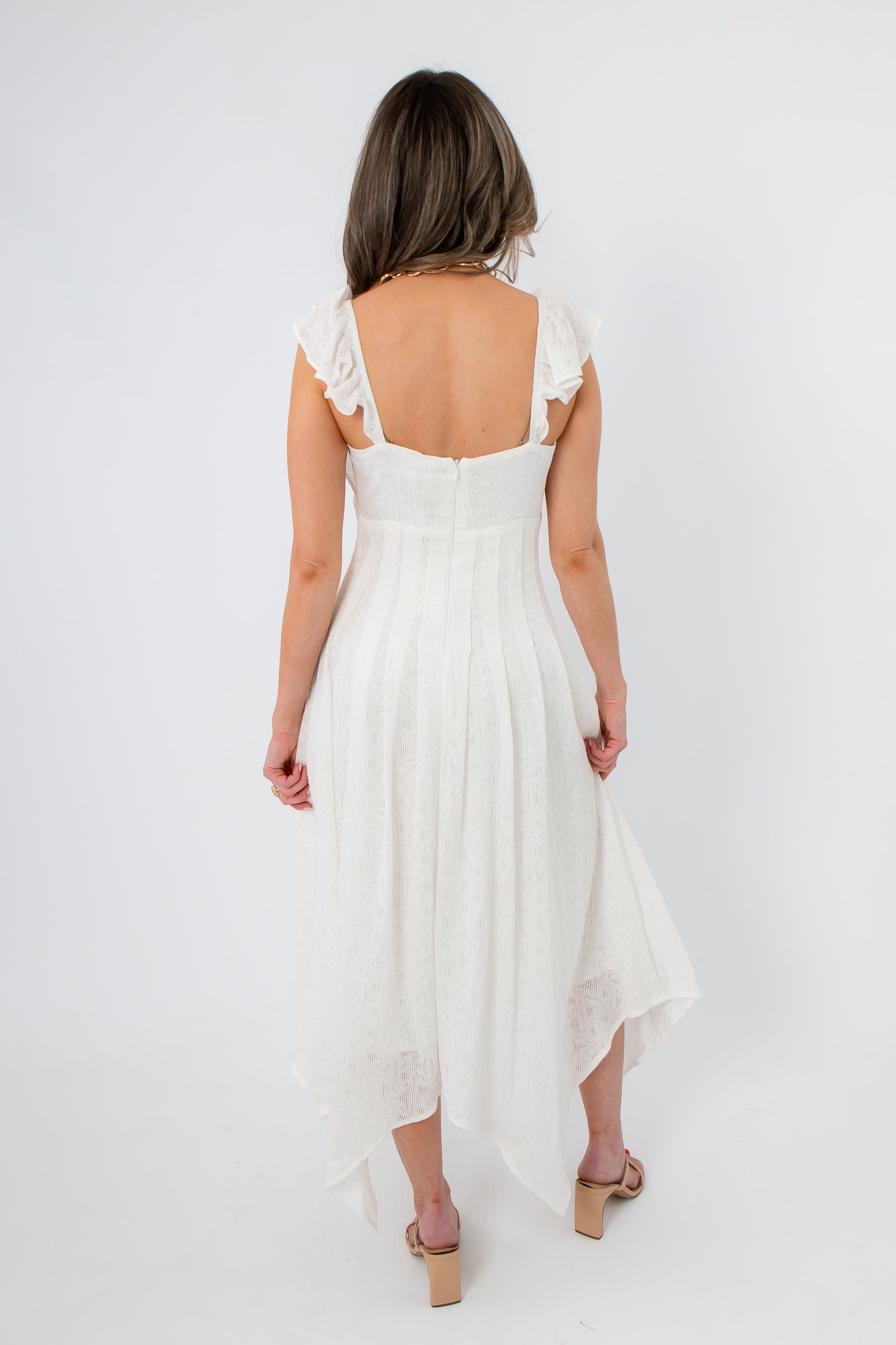 White asymmetrical hem midi dress with ruffled shoulder straps, back view