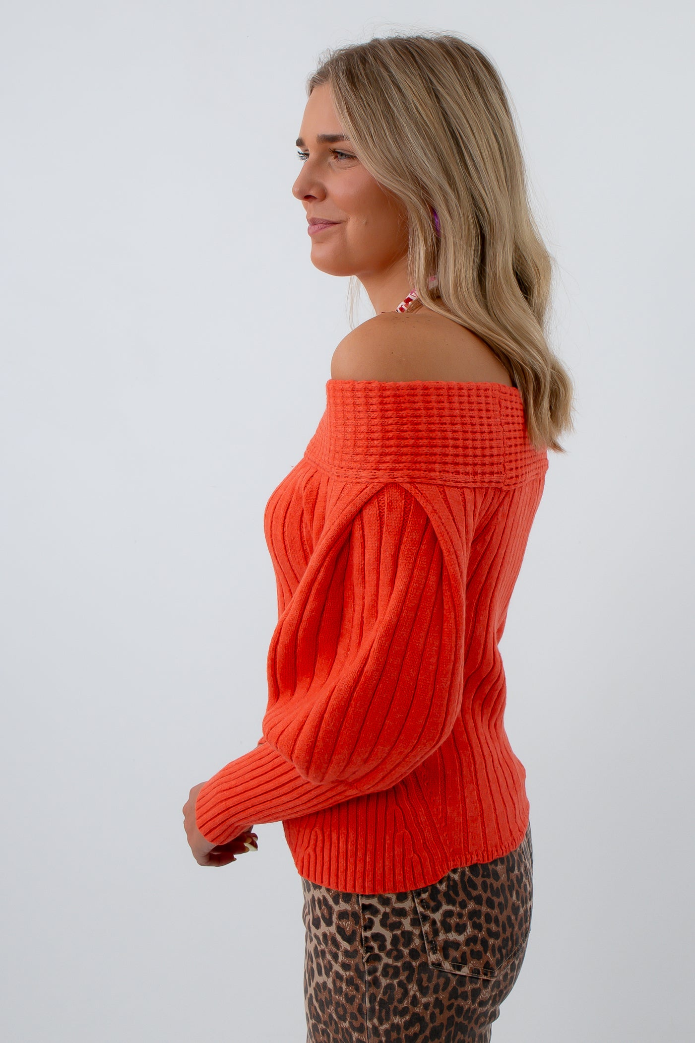 Bright orange transition sweater for fall, off-the-shoulder sweater, orange long sleeve sweater