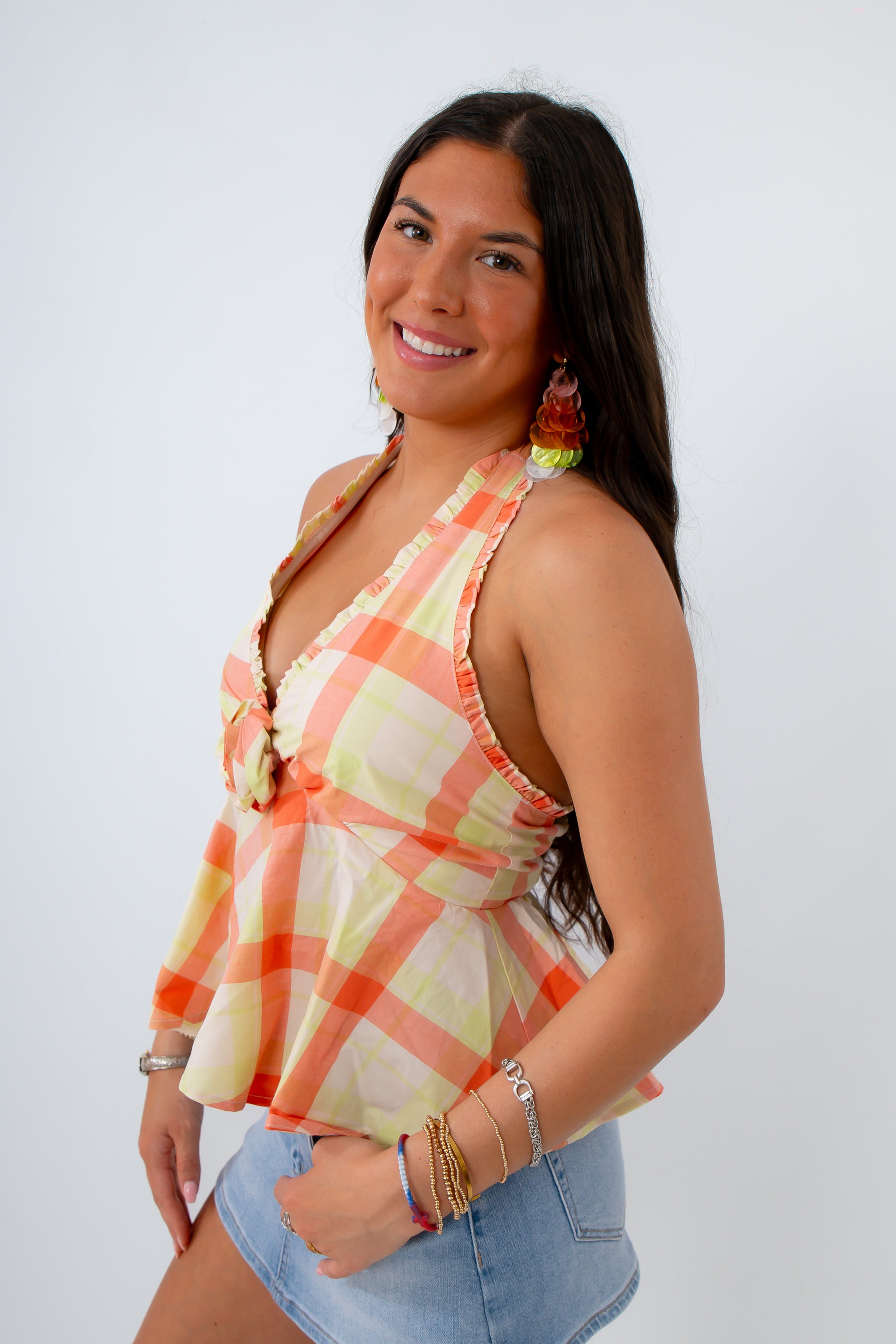 orange and lime green plaid halter top from steve madden