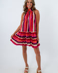 Purple and orange striped halter dress, sunset colored mini dress, clemson halter dress