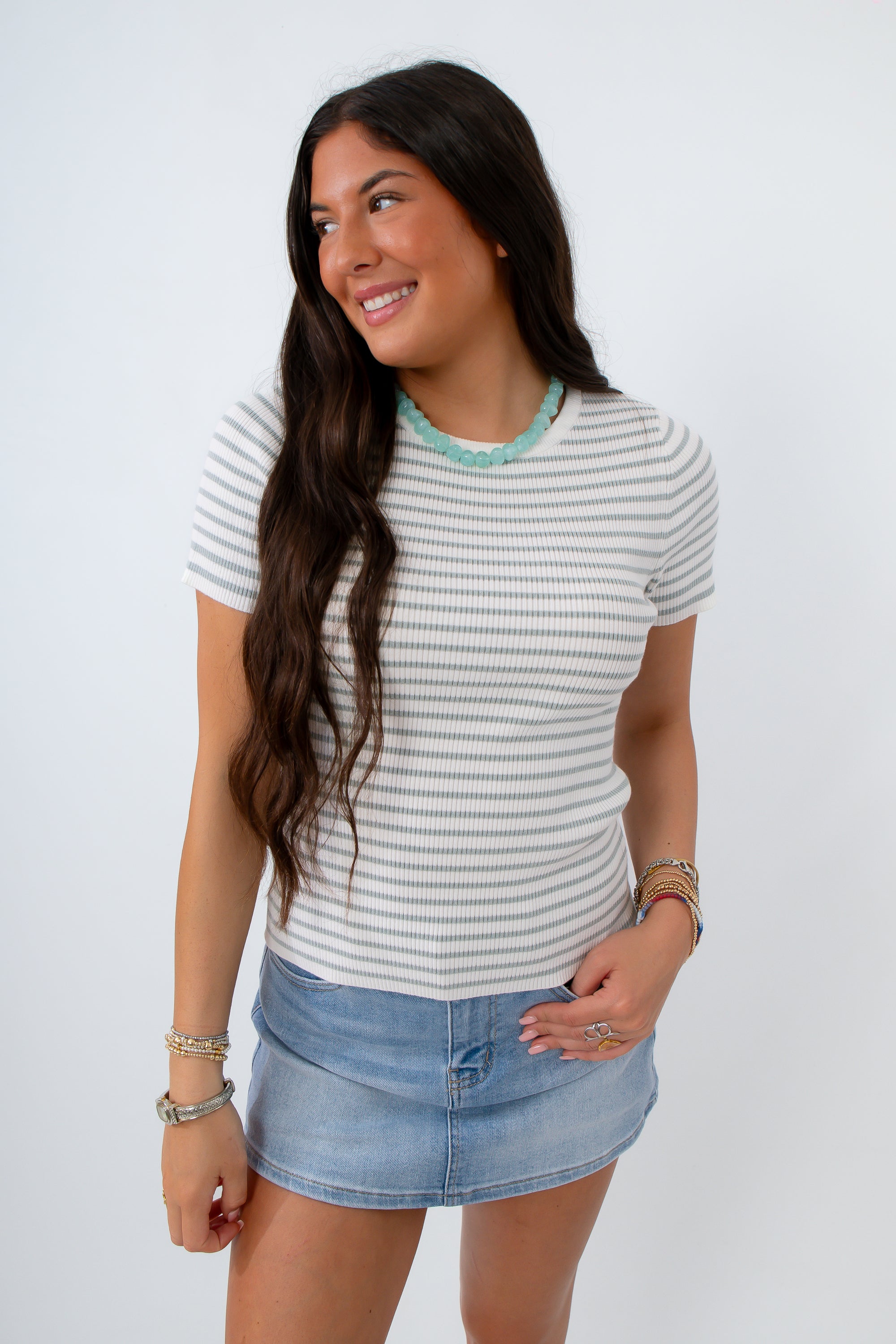 Booked and Busy Sage Stripe Knit T-shirt