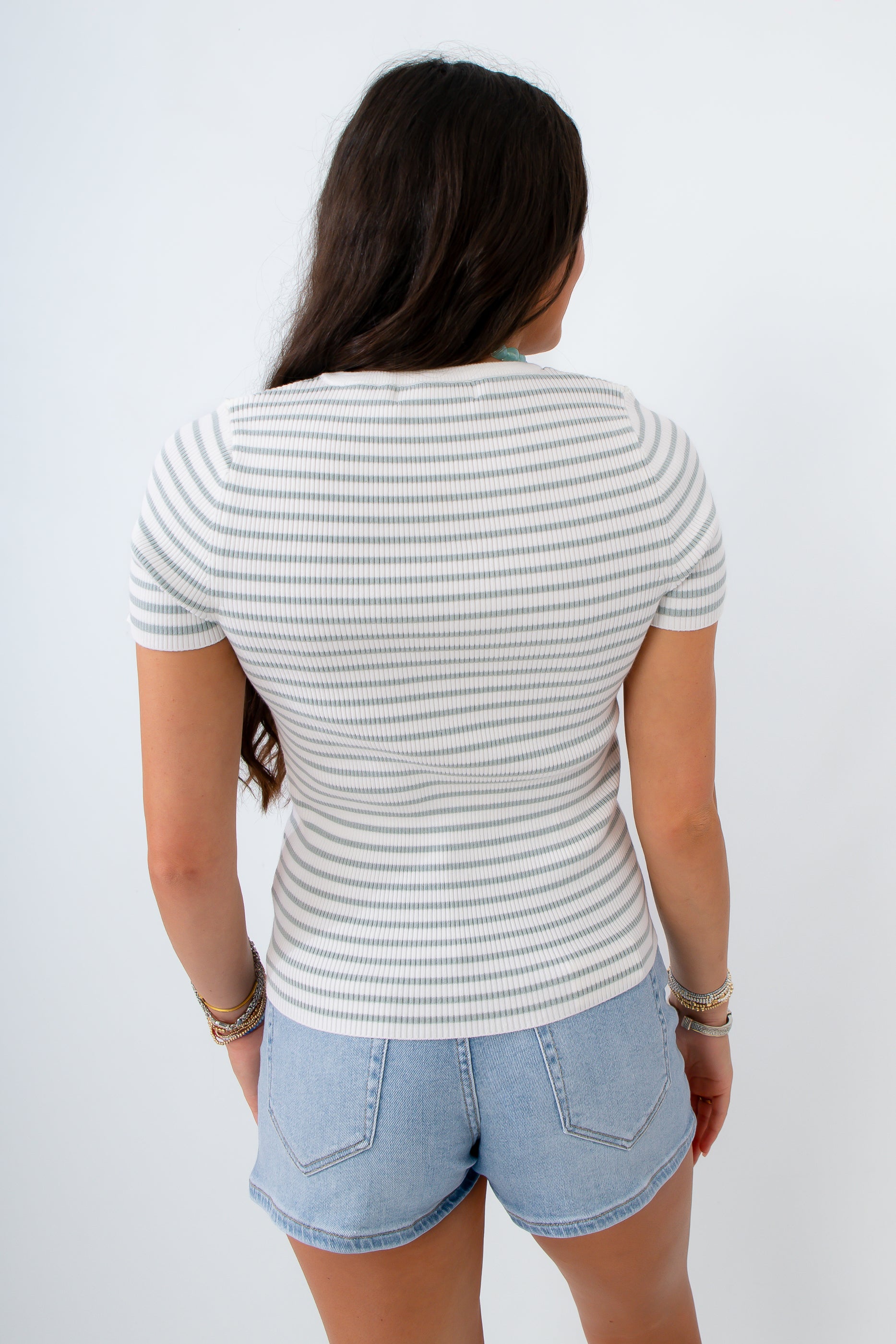 Booked and Busy Sage Stripe Knit T-shirt
