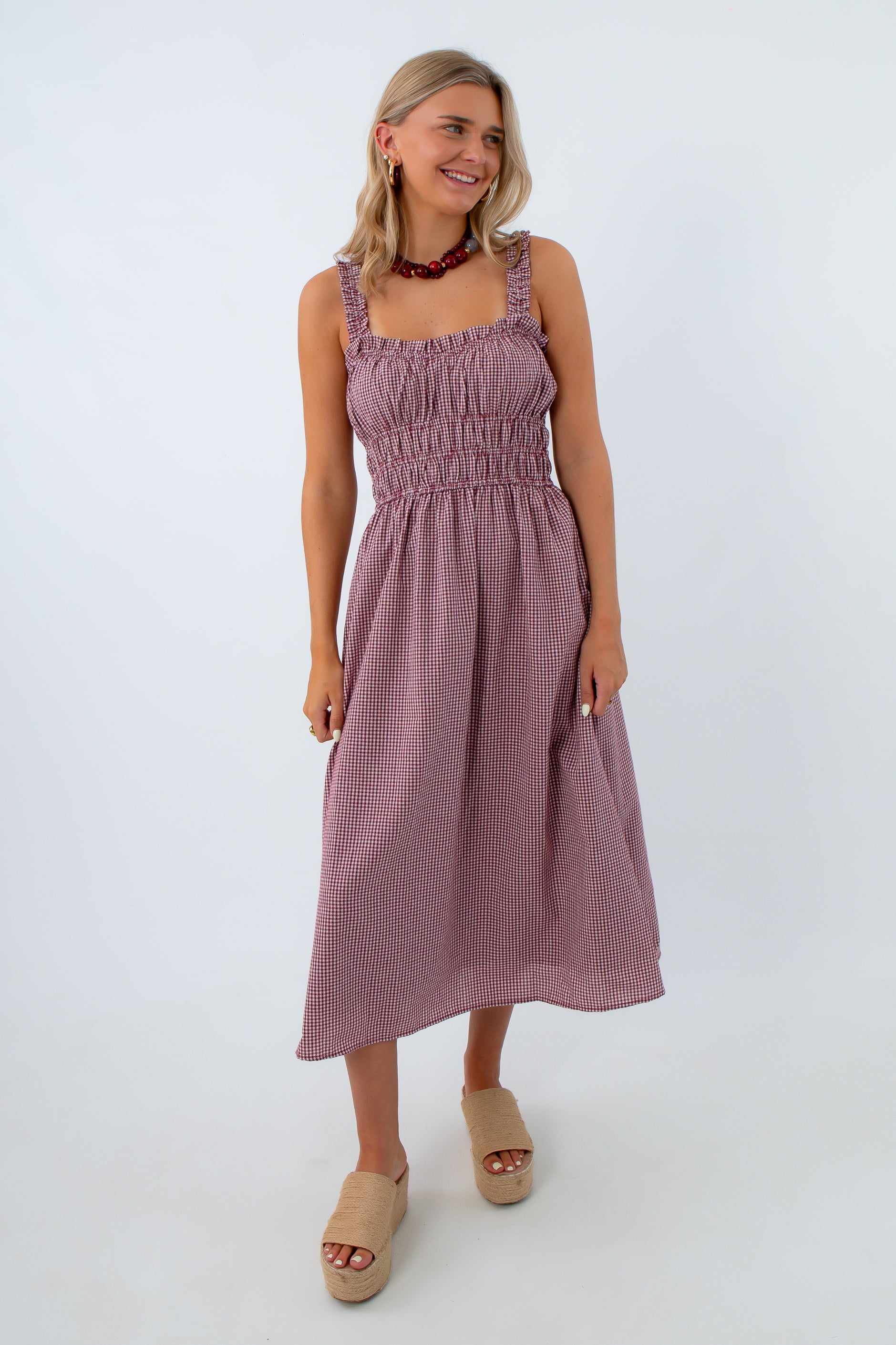 Maroon gingham dress with elastic straps, burgundy gingham dress, crimson gingham dress