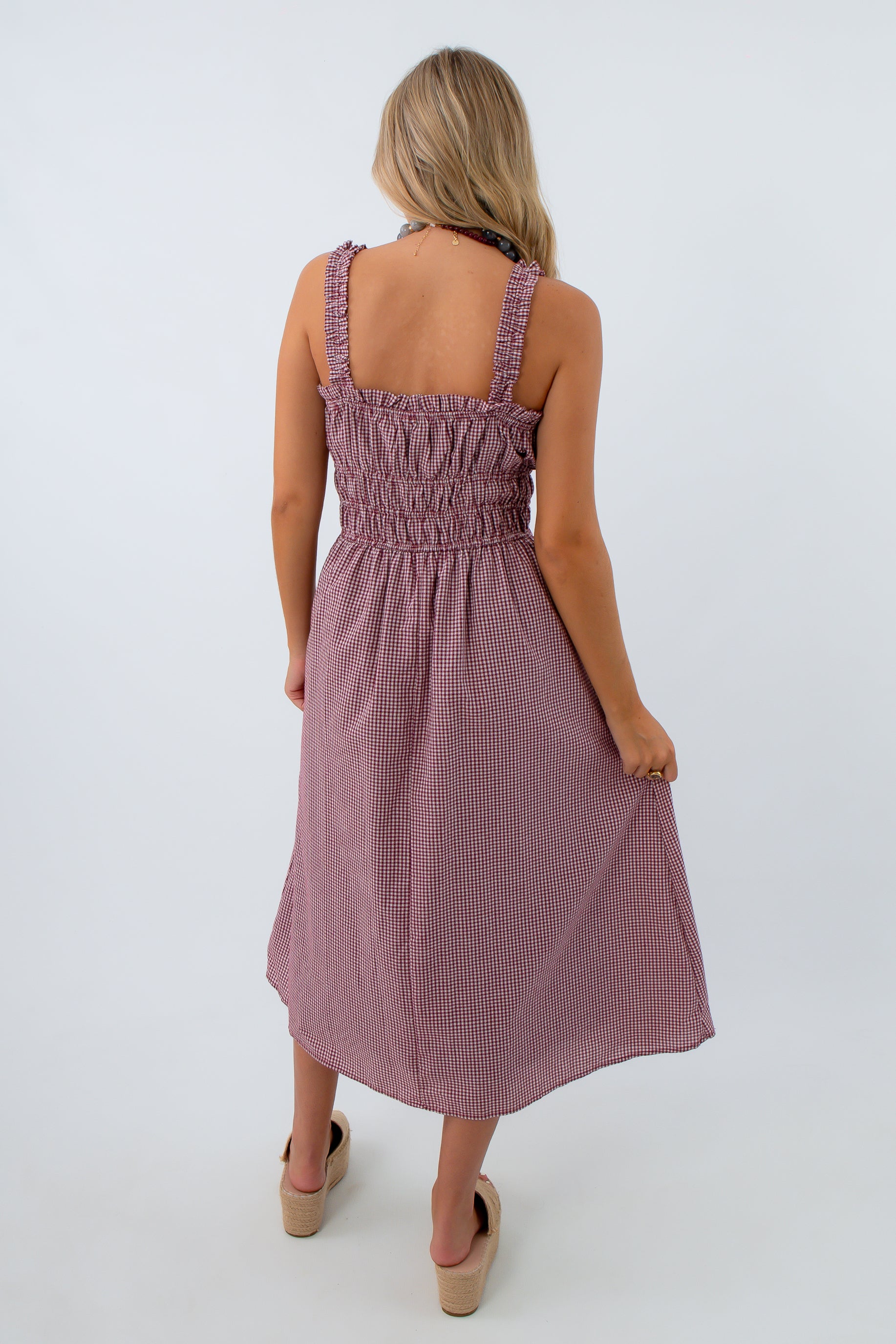 Sleeveless gingham maxi dress, burgundy maxi dress, maroon gingham dress