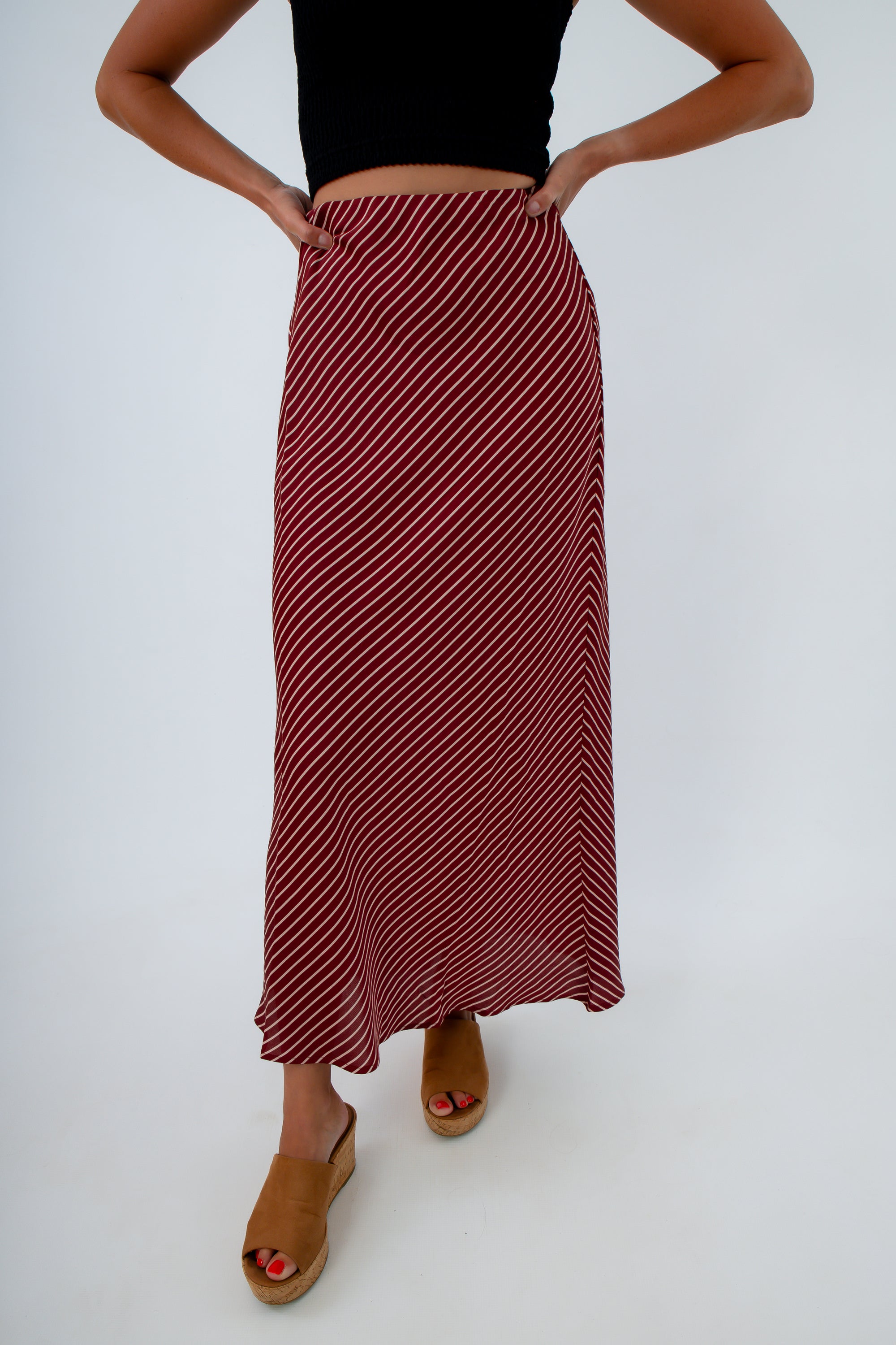 MinkPink Wine Stripe Bleeker Bias Midi Skirt
