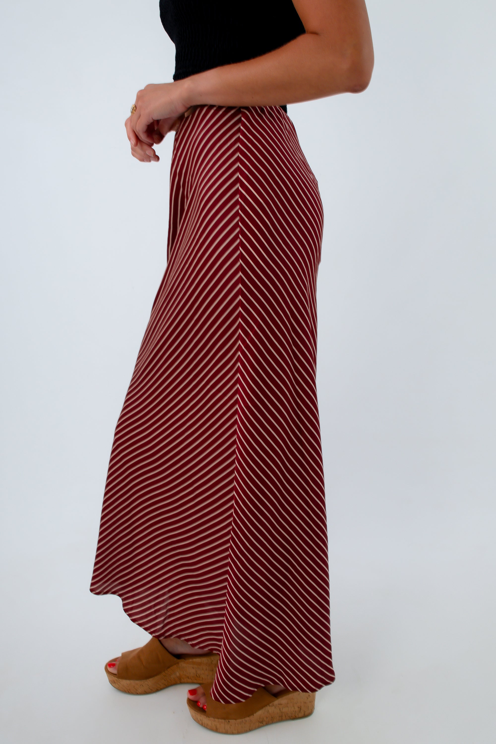 Dark red striped bias-cut skirt, USC game day outfit, Alabama game day outfit, fall workwear