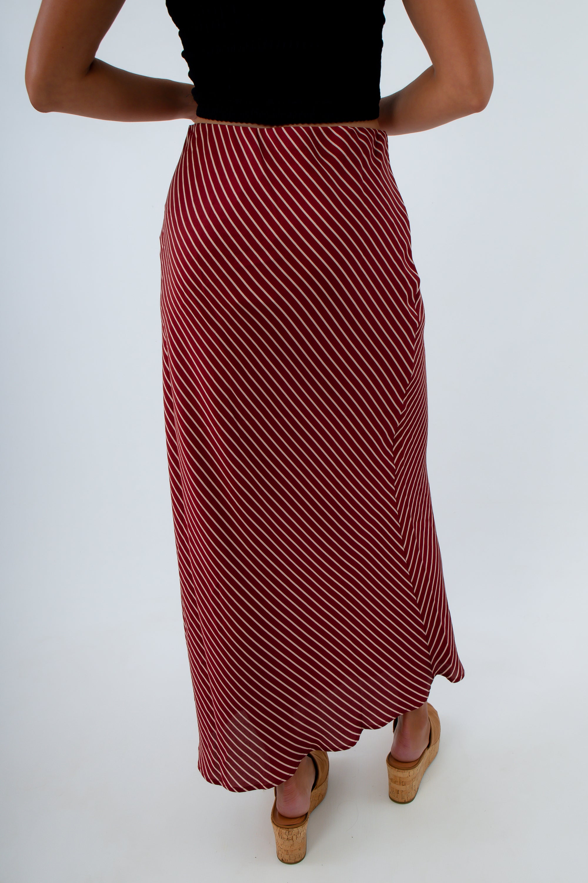 Professional burgundy skirt for fall, maroon and white striped skirt for fall, midi skirt for work, USC game day skirts