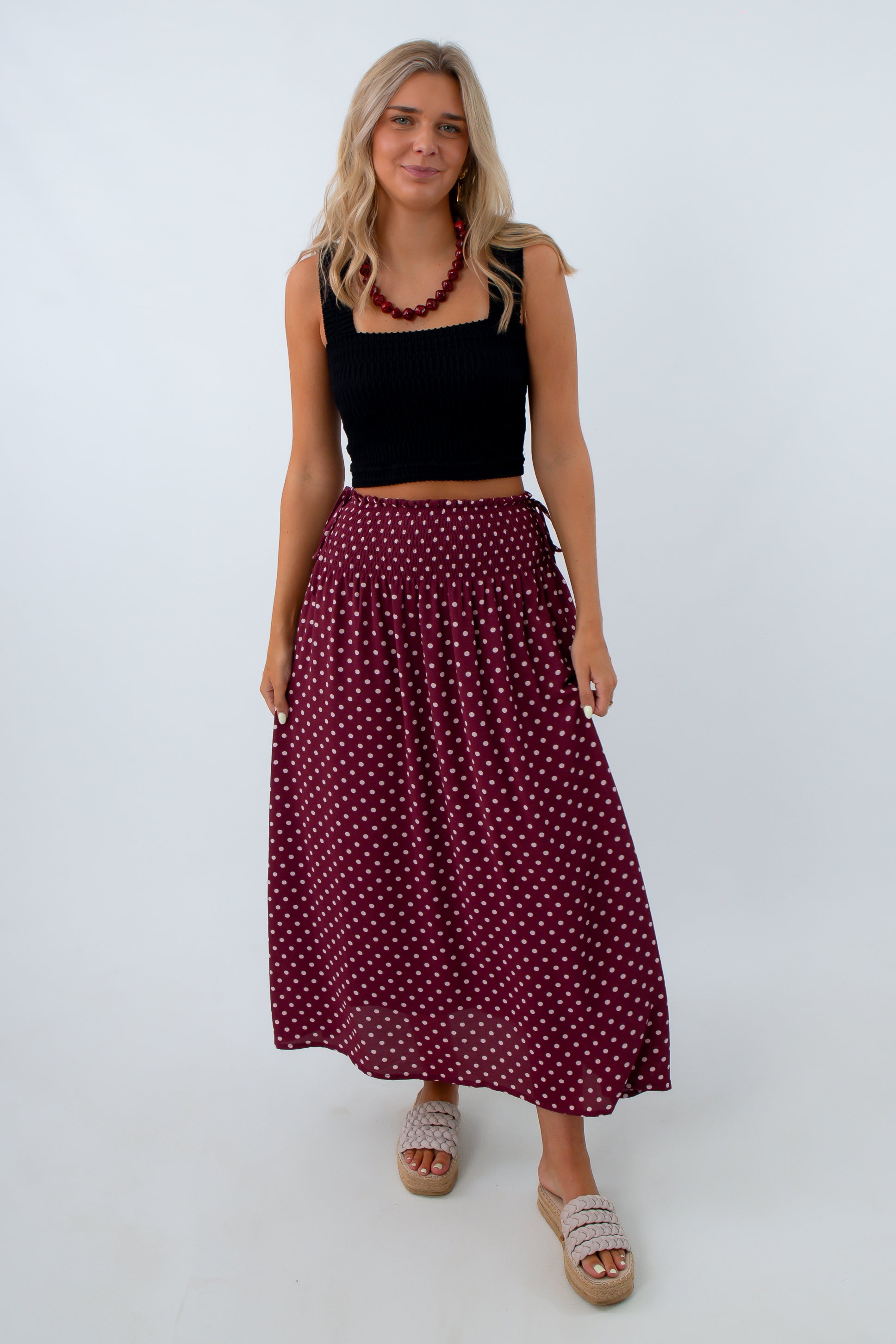 Ma Cherie Burgundy & Pink Polka Dot Midi Skirt