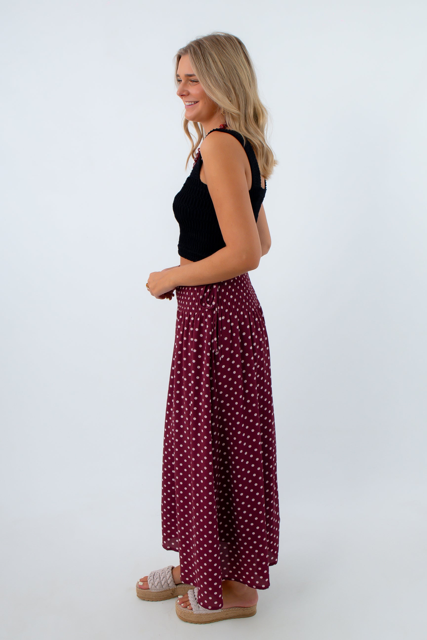Polka dot midi skirt with smocked waist, USC game day outfits, Alabama game day outfit