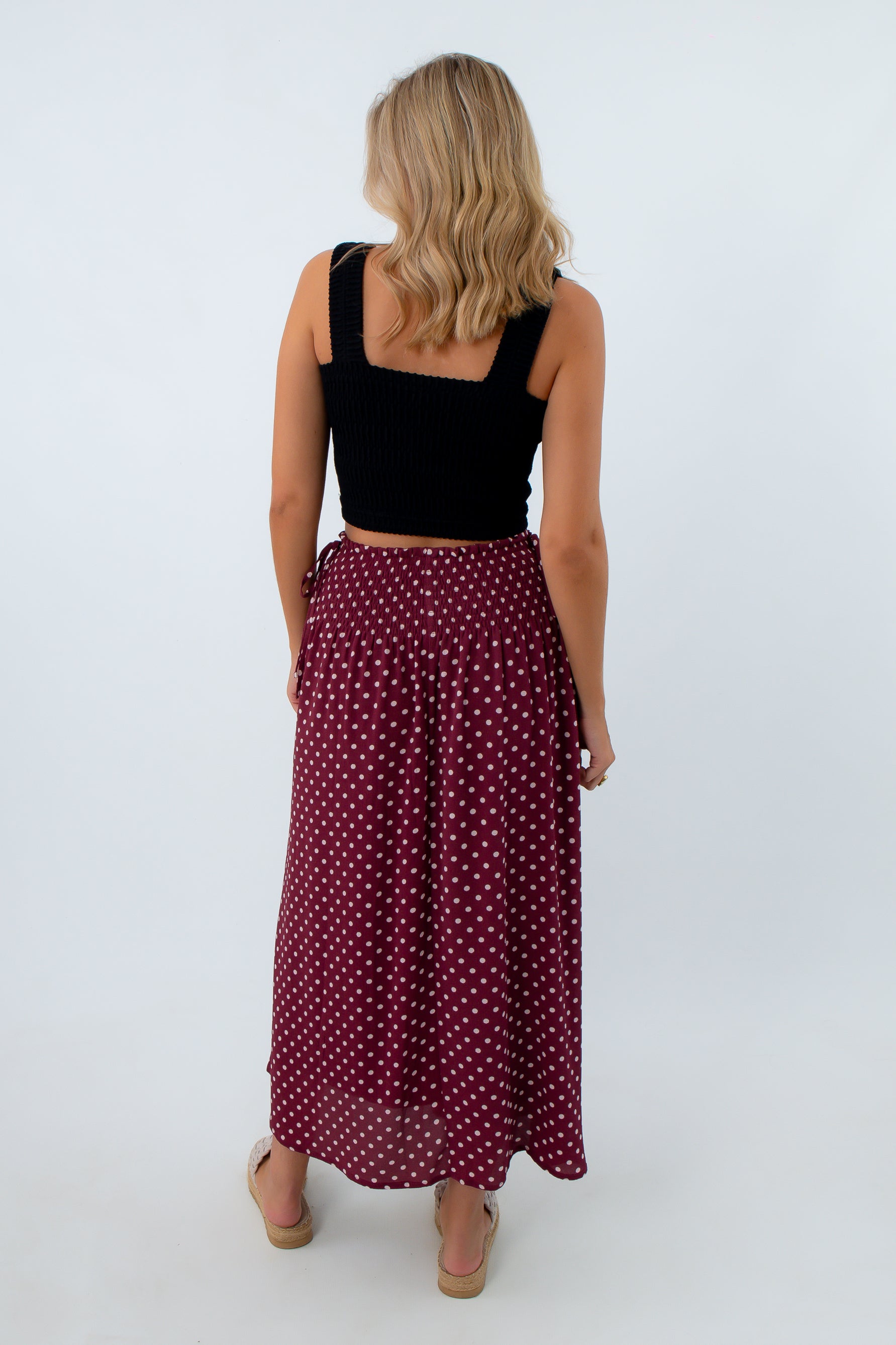 Burgundy polka dot skirt, maroon skirt with pink polka dots, USC game day outfits