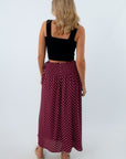 Burgundy polka dot skirt, maroon skirt with pink polka dots, USC game day outfits