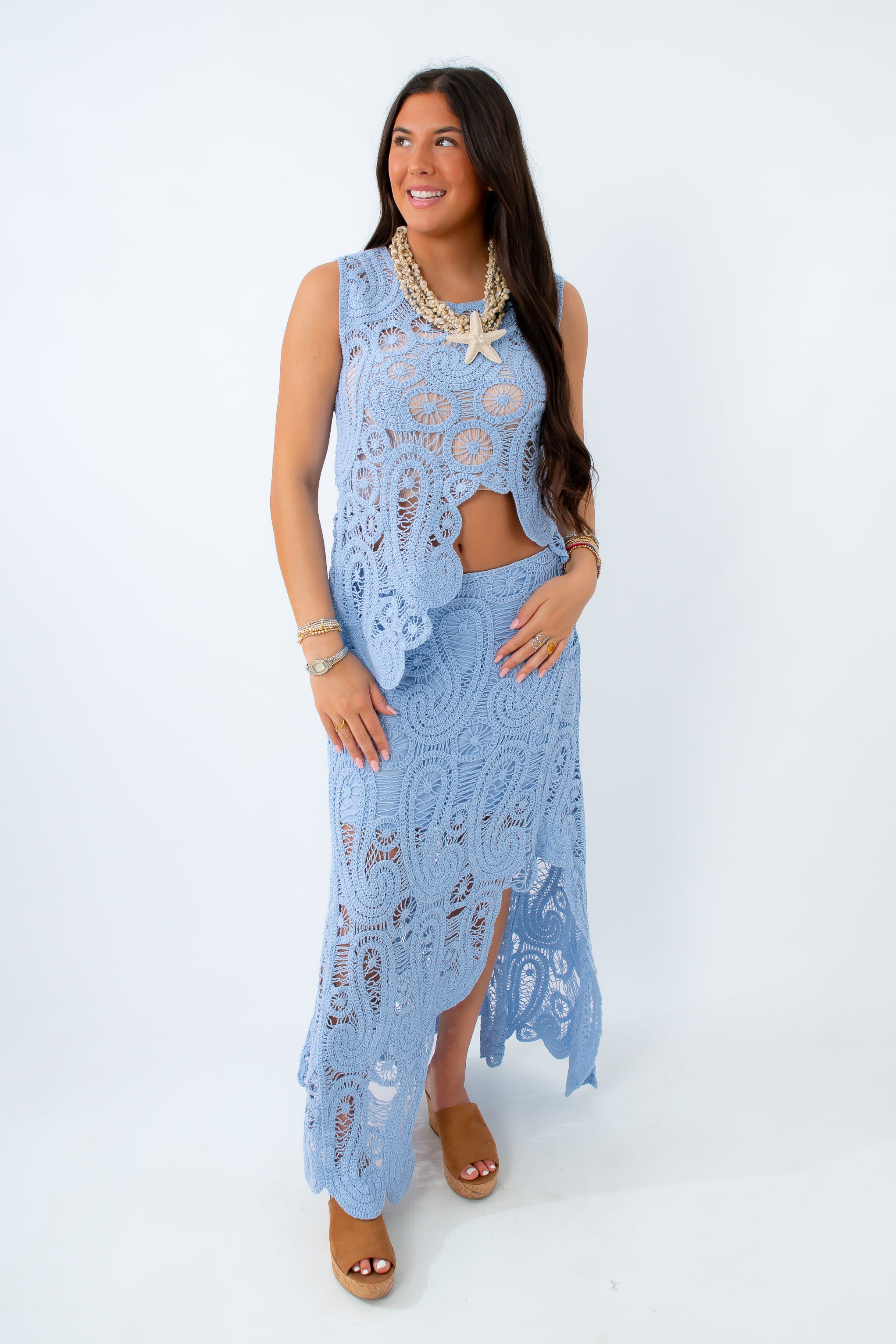 Calypso Sky Blue Asymmetrical Crochet Set | Tank & Midi Skirt Set
