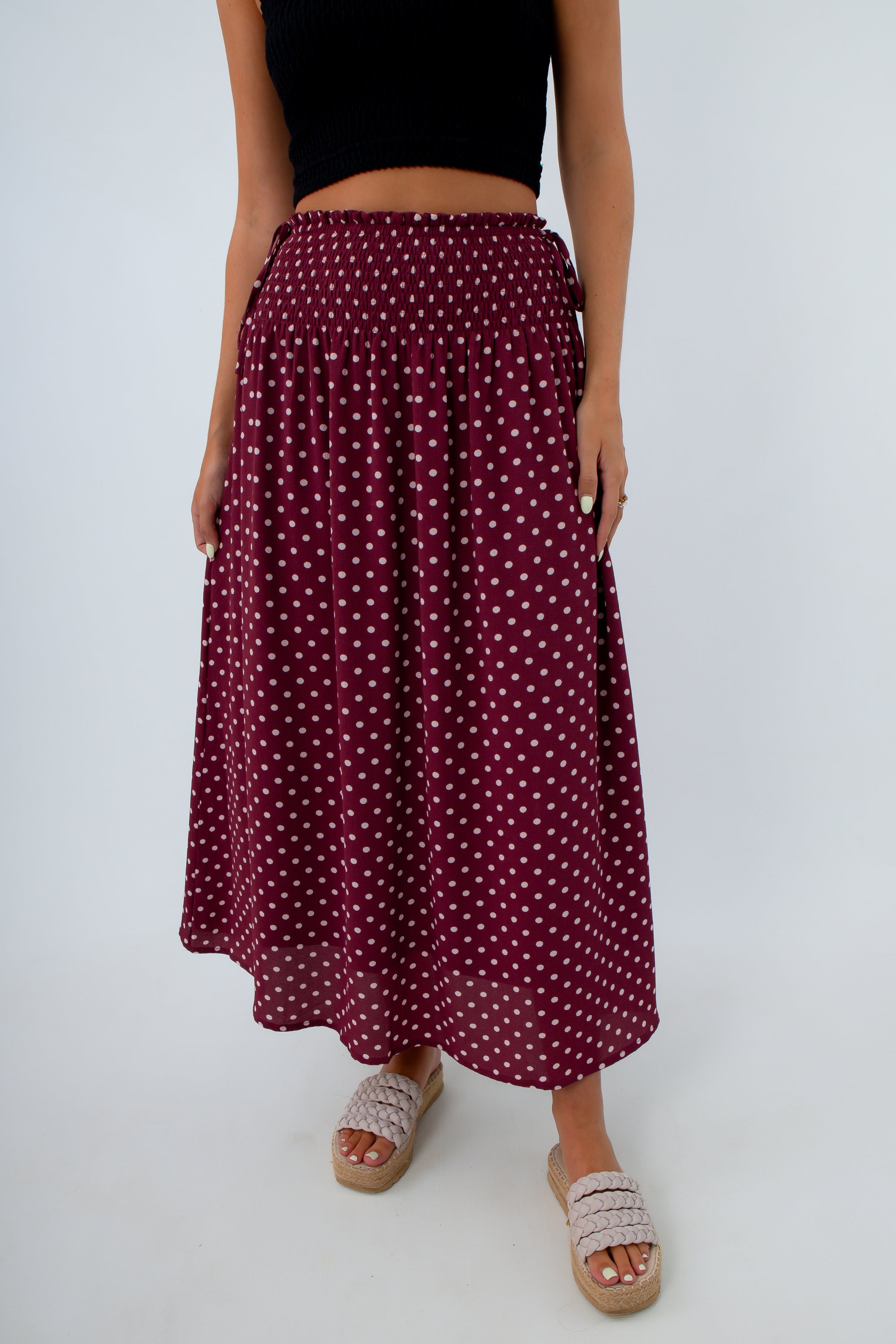USC gameday outfit for South Carolina fans, Alabama game day outfit, burgundy midi skirt, polka dot skirt