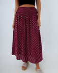 USC gameday outfit for South Carolina fans, Alabama game day outfit, burgundy midi skirt, polka dot skirt
